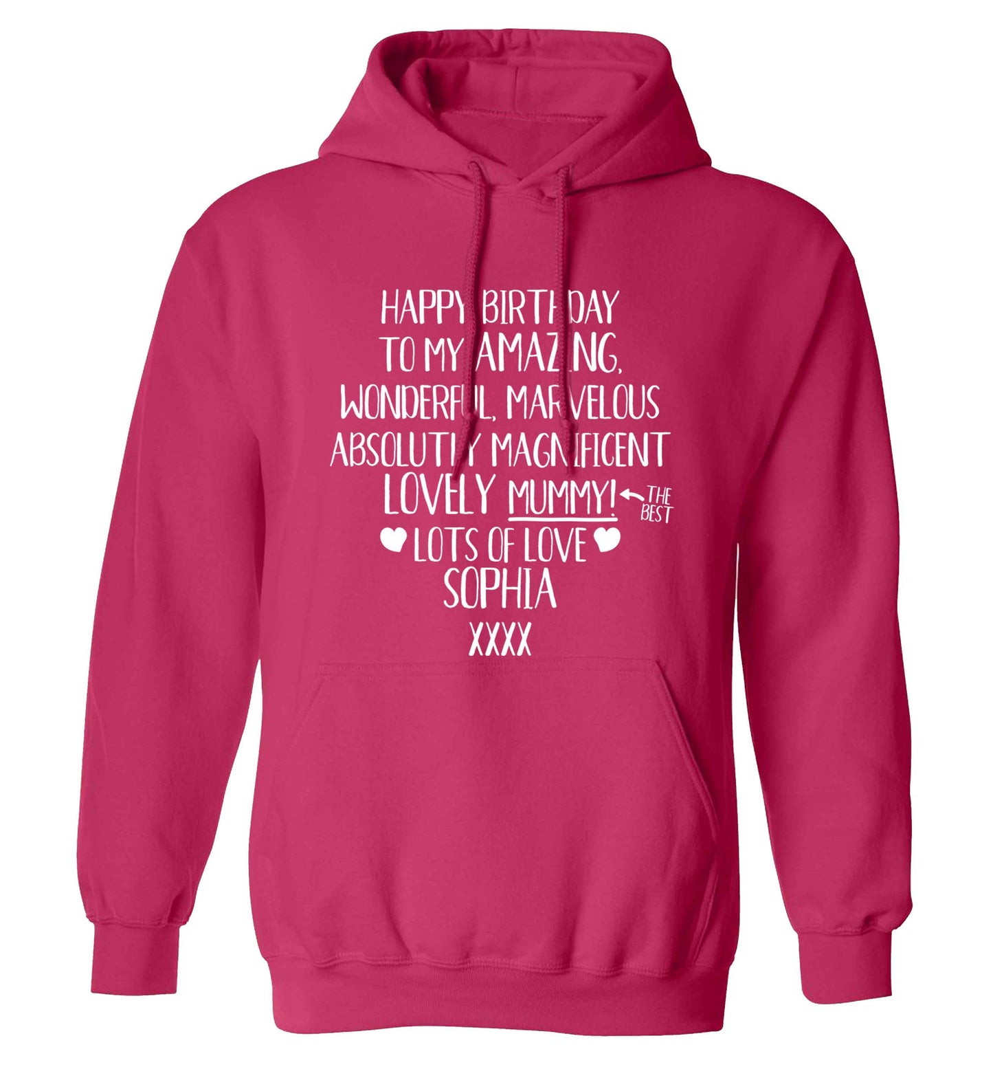 Personalised happy birthday to my amazing, wonderful, lovely mummy adults unisex pink hoodie 2XL