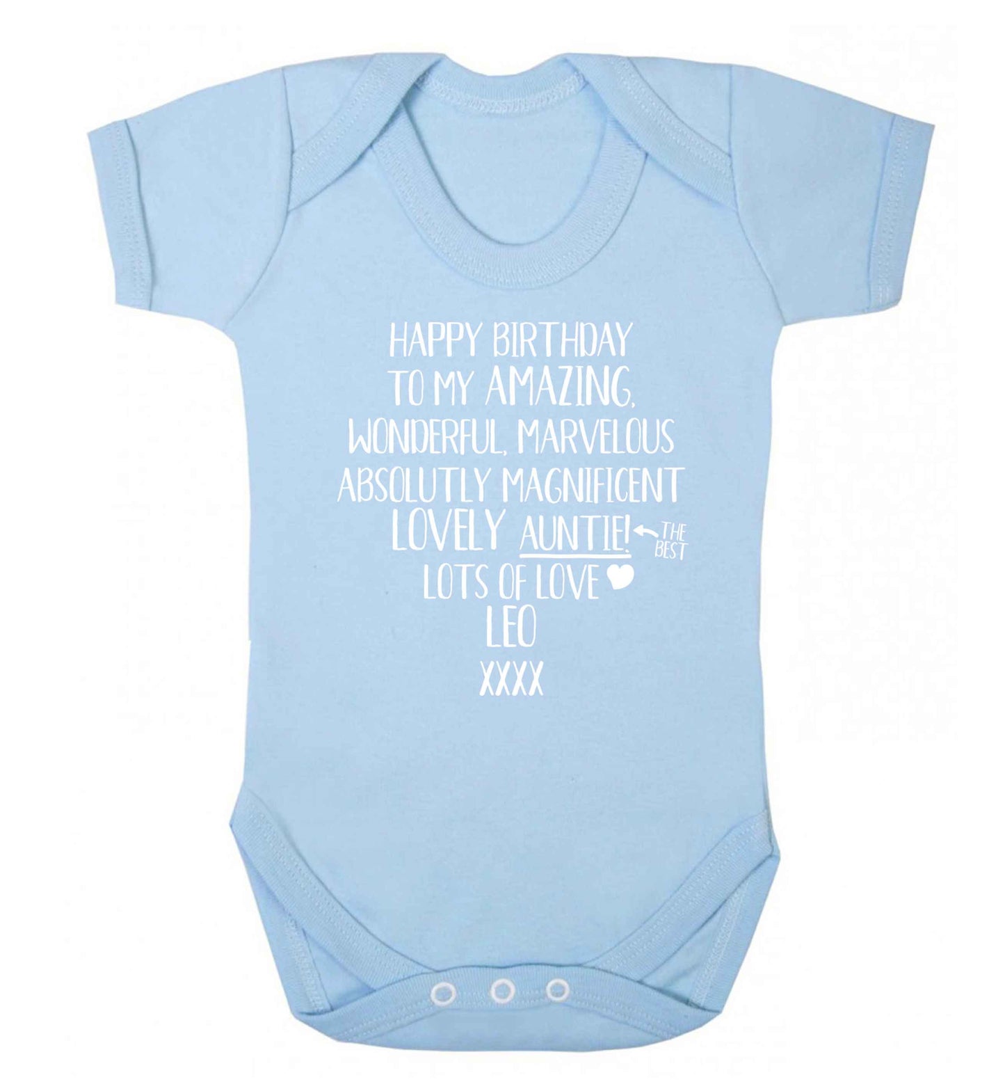 Personalised happy birthday to my amazing, wonderful, lovely auntie Baby Vest pale blue 18-24 months