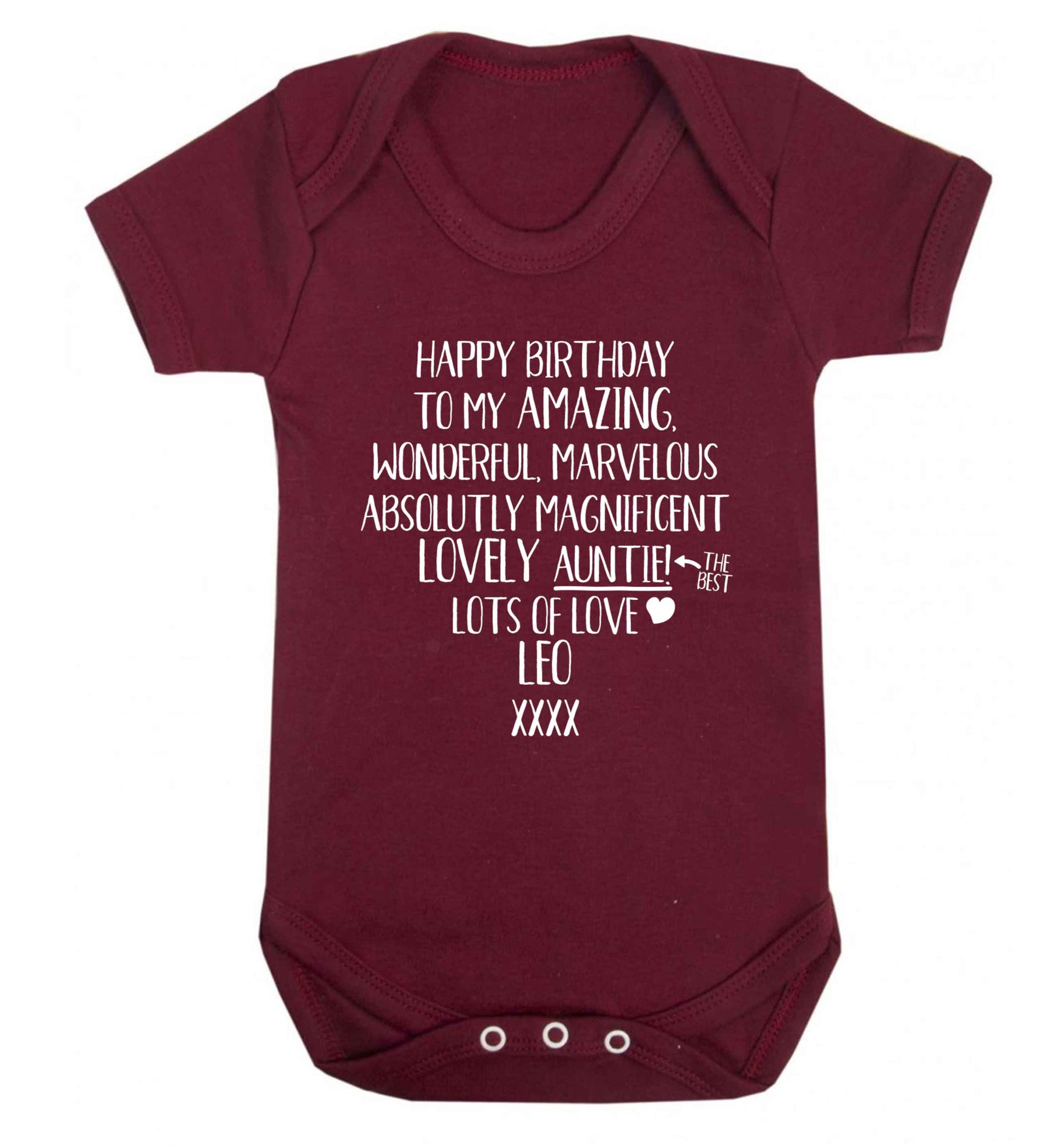 Personalised happy birthday to my amazing, wonderful, lovely auntie Baby Vest maroon 18-24 months