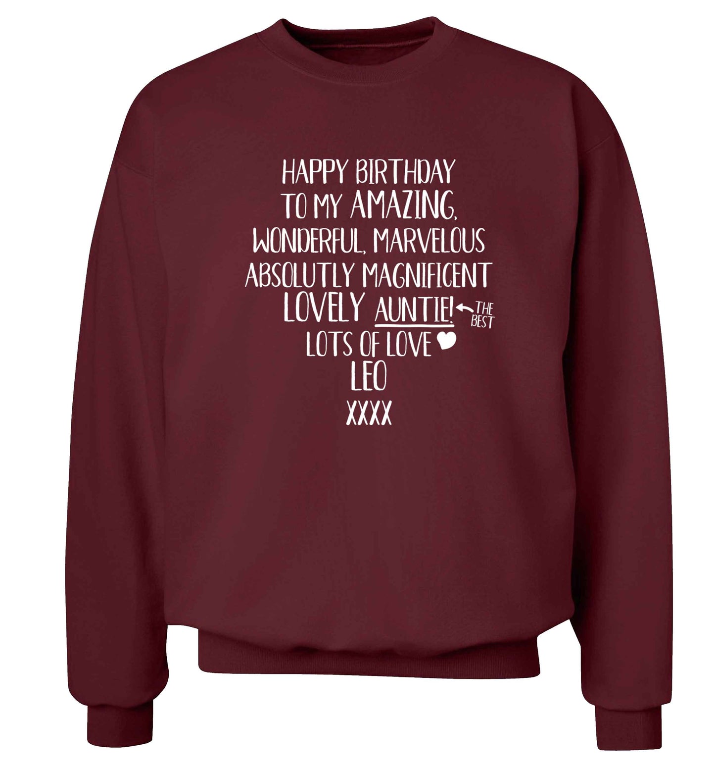 Personalised happy birthday to my amazing, wonderful, lovely auntie Adult's unisex maroon Sweater 2XL