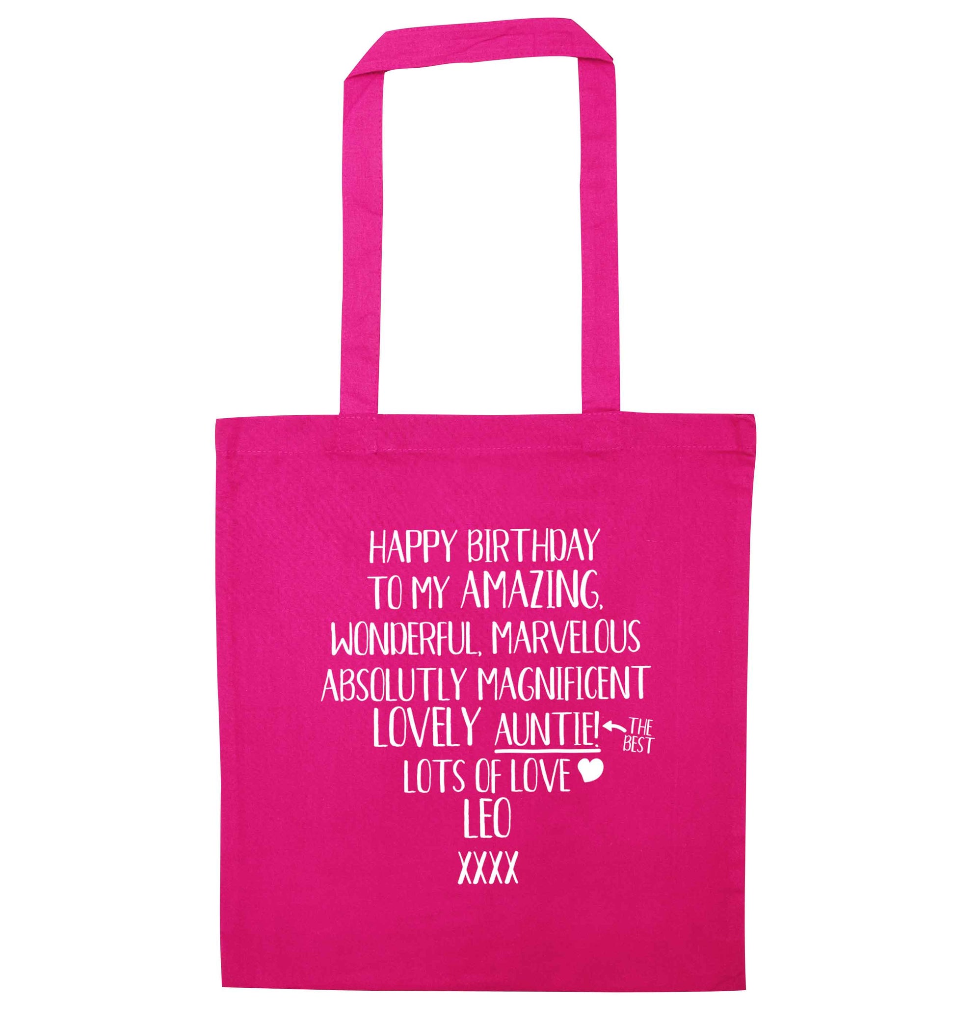 Personalised happy birthday to my amazing, wonderful, lovely auntie pink tote bag