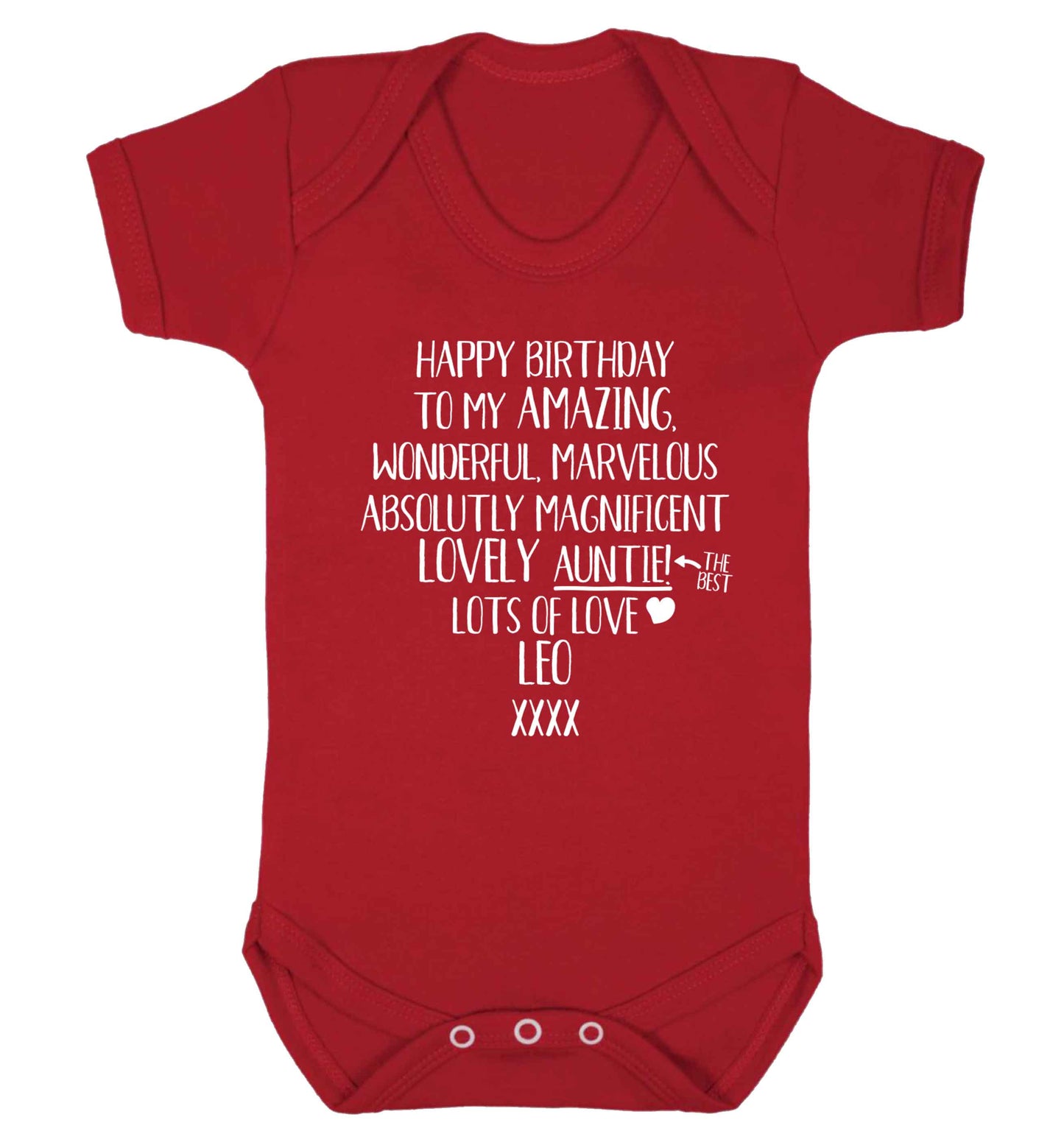 Personalised happy birthday to my amazing, wonderful, lovely auntie Baby Vest red 18-24 months