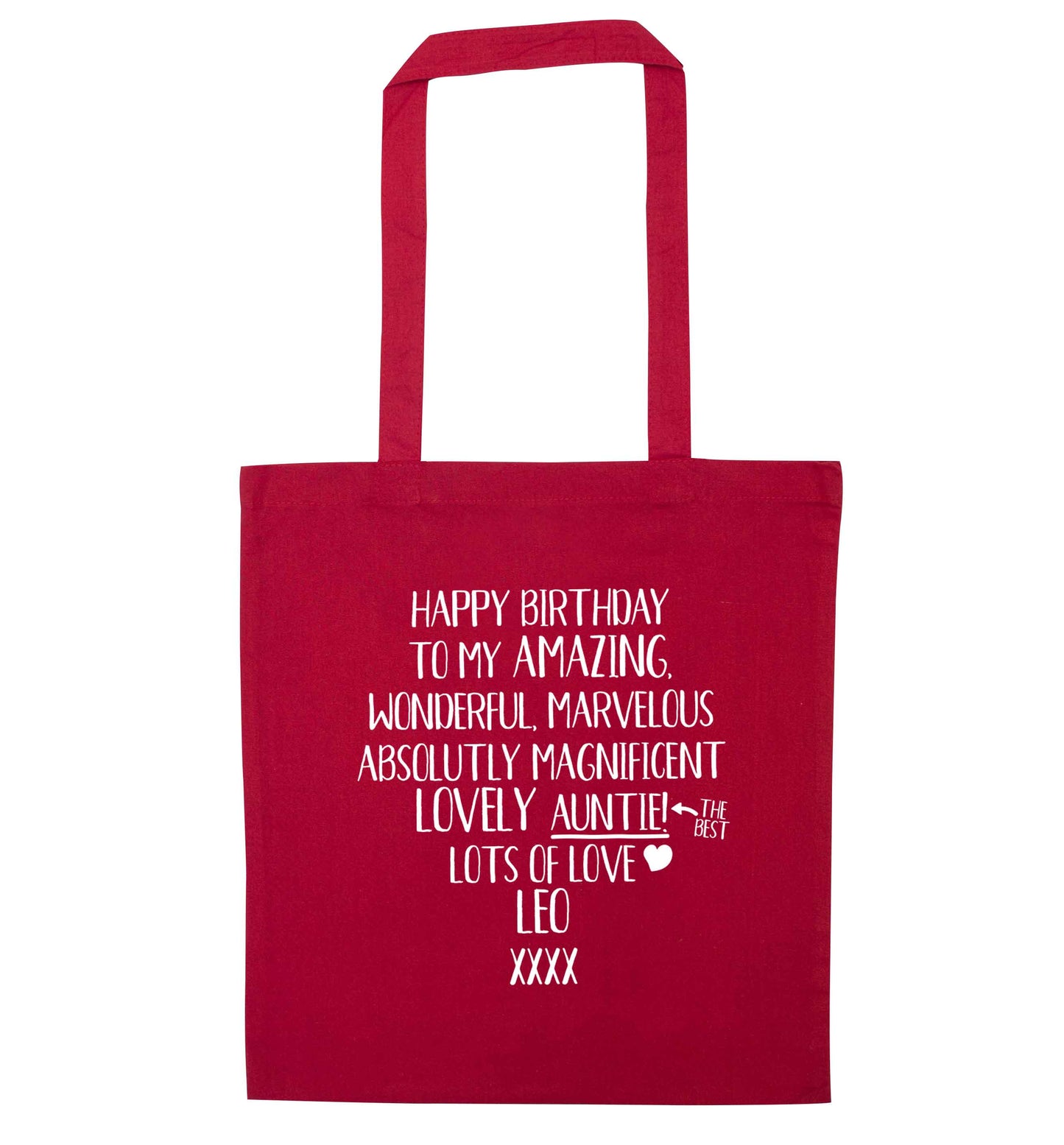 Personalised happy birthday to my amazing, wonderful, lovely auntie red tote bag