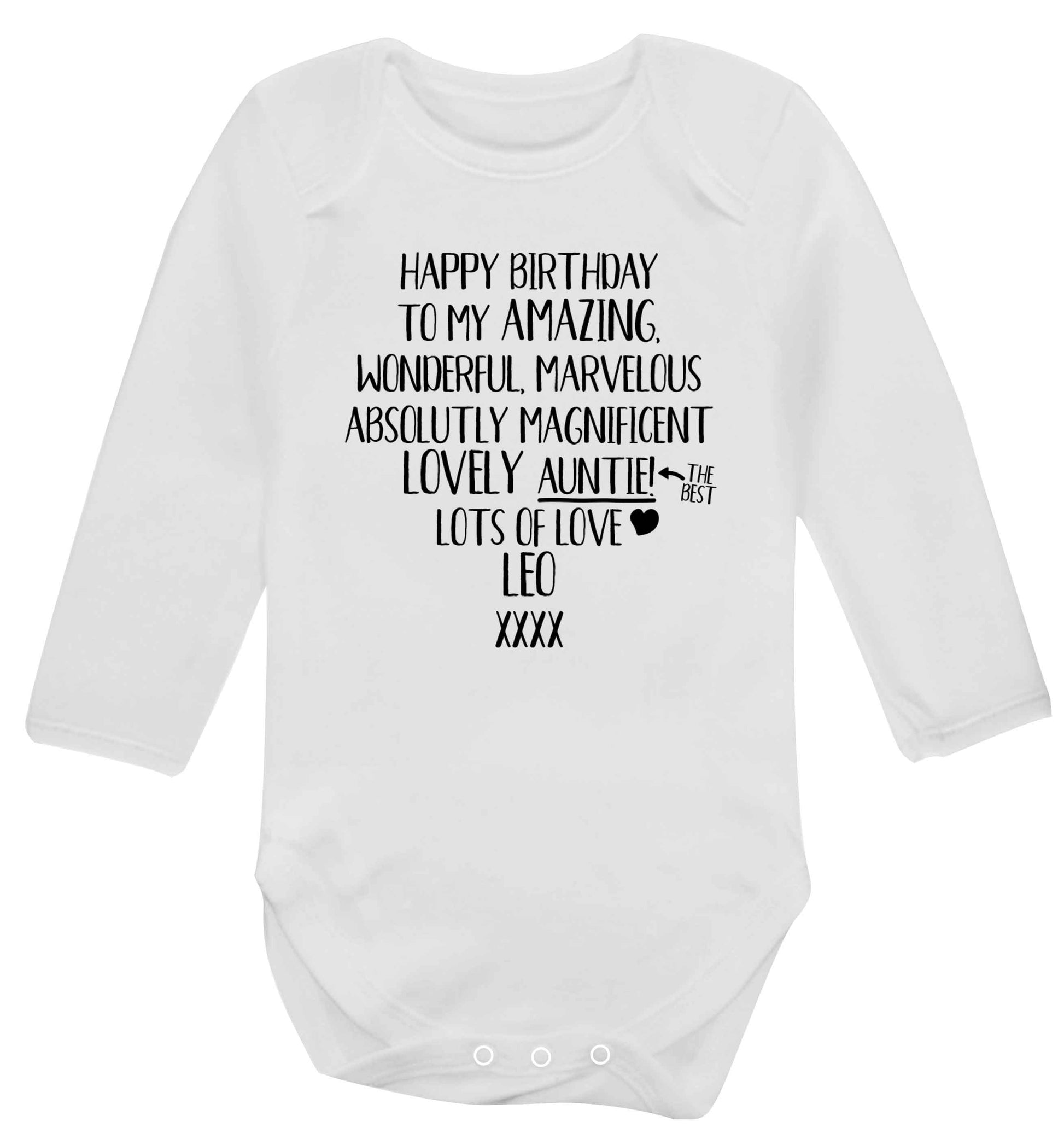 Personalised happy birthday to my amazing, wonderful, lovely auntie Baby Vest long sleeved white 6-12 months
