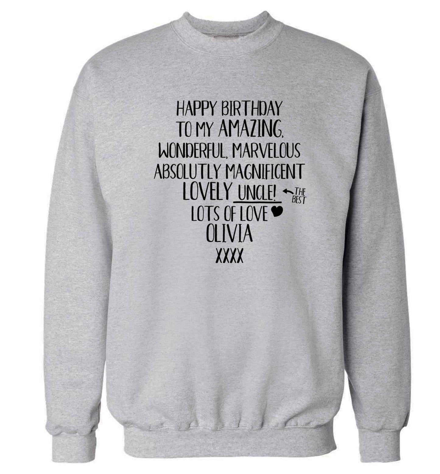 Personalised happy birthday to my amazing, wonderful, lovely uncle Adult's unisex grey Sweater 2XL