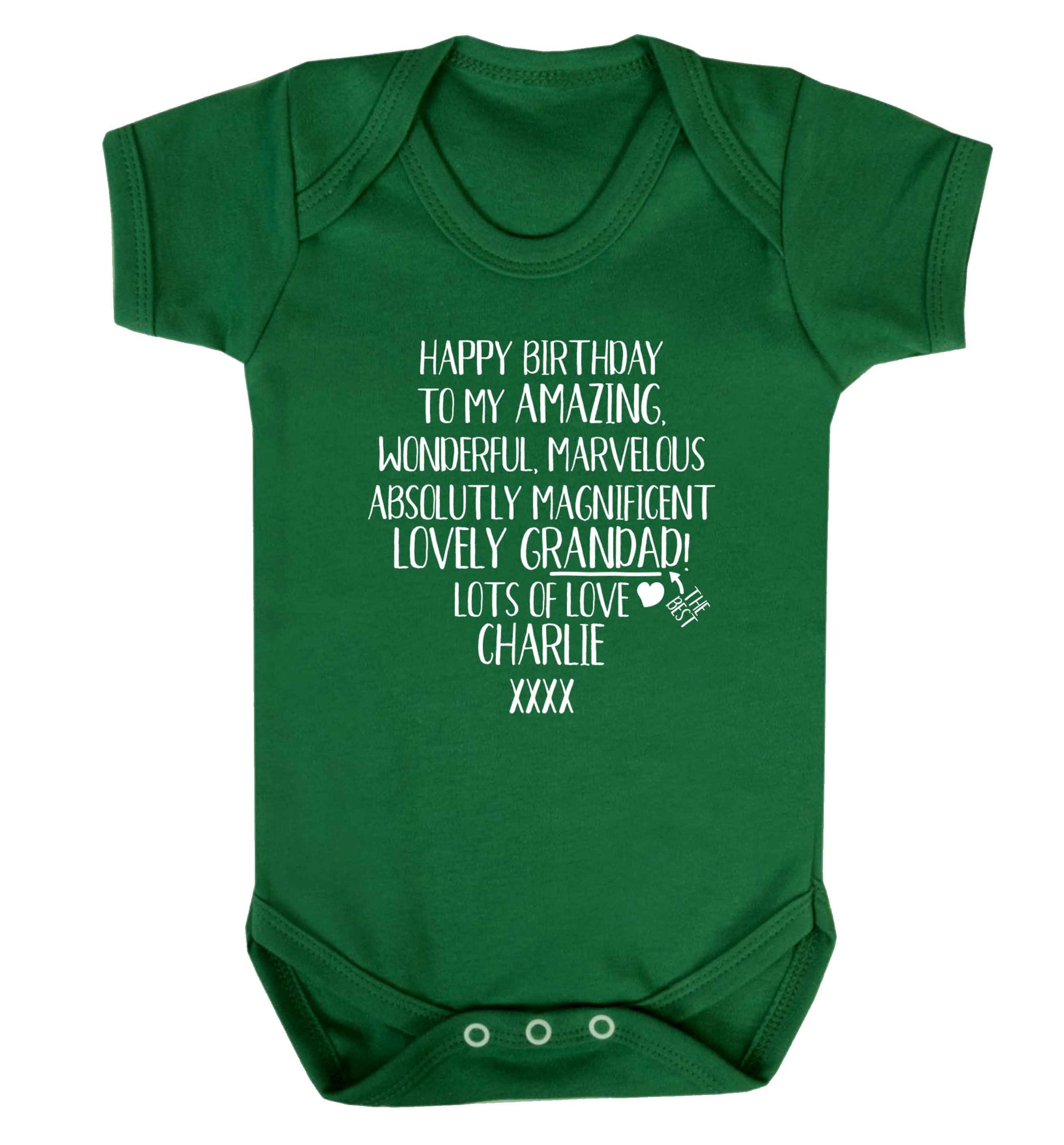 Personalised happy birthday to my amazing, wonderful, lovely grandad Baby Vest green 18-24 months