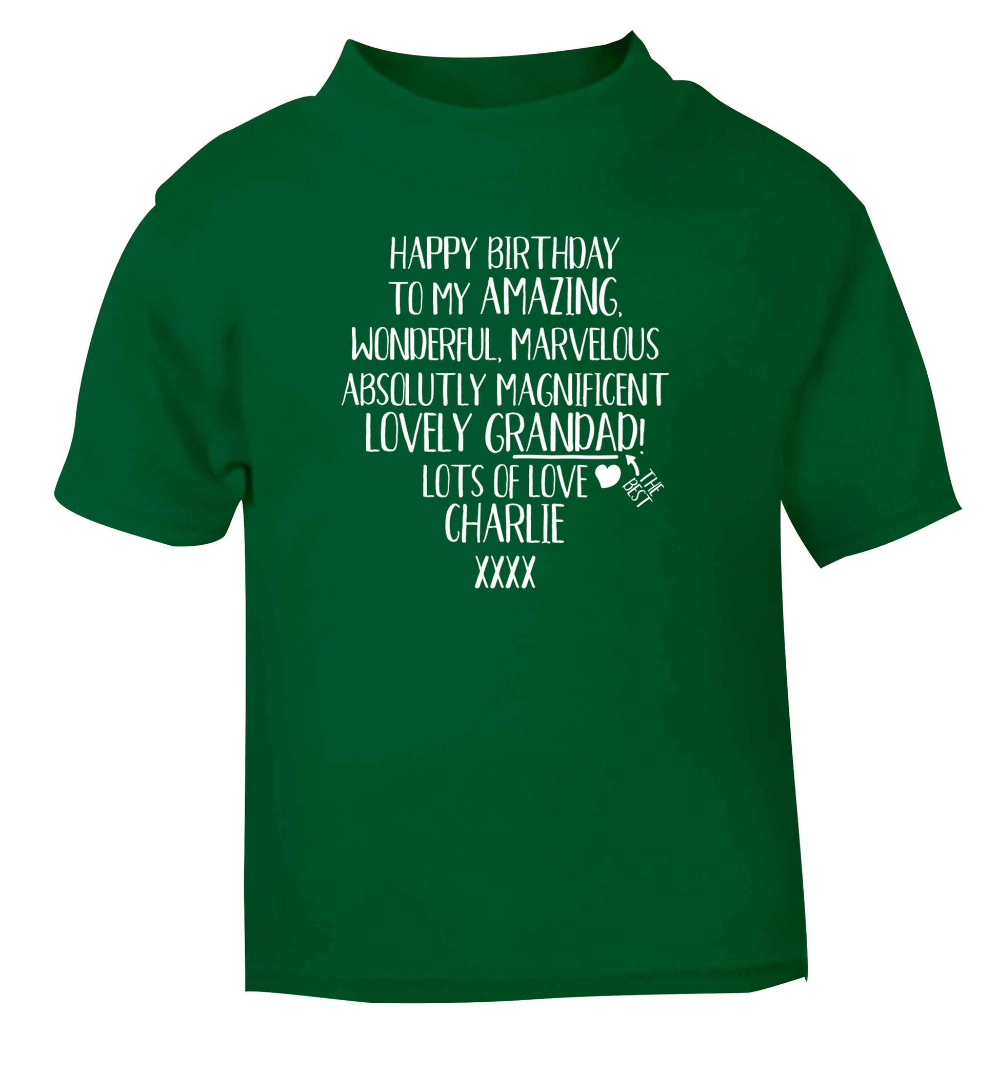 Personalised happy birthday to my amazing, wonderful, lovely grandad green Baby Toddler Tshirt 2 Years