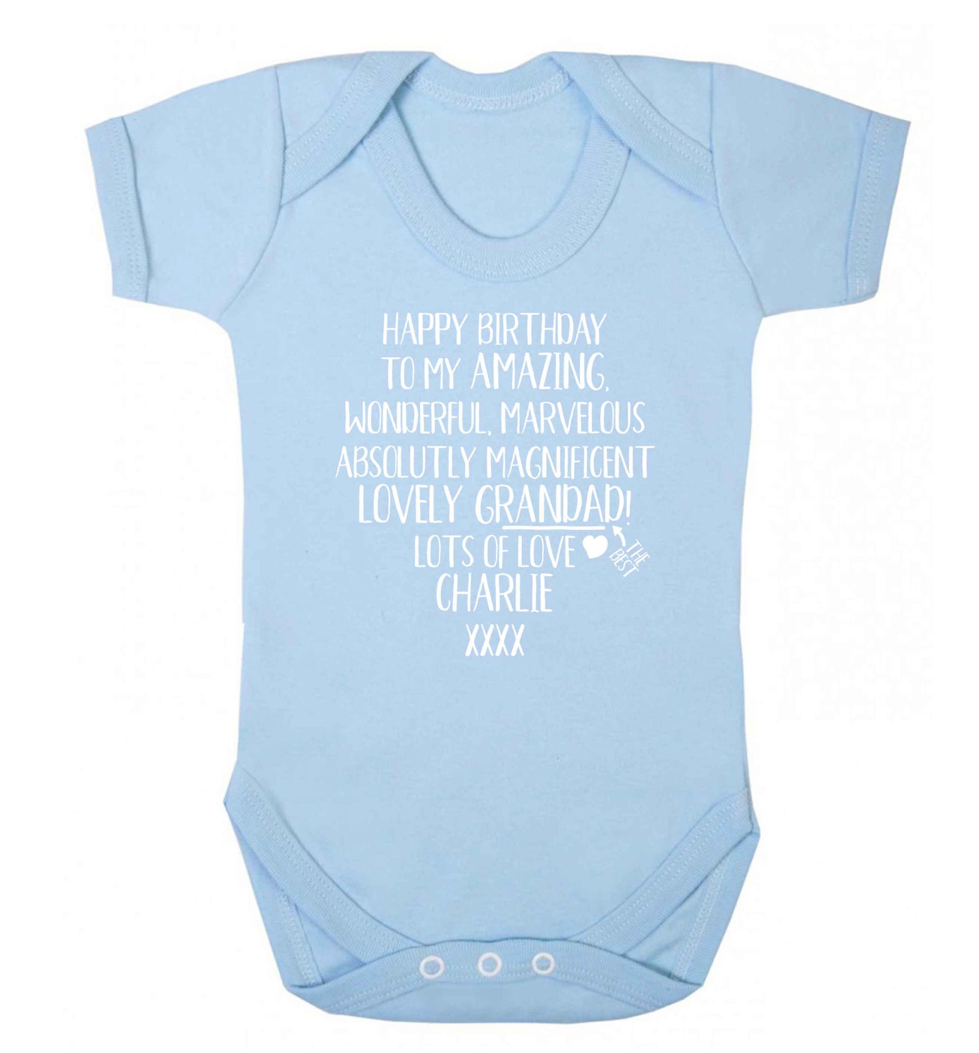 Personalised happy birthday to my amazing, wonderful, lovely grandad Baby Vest pale blue 18-24 months
