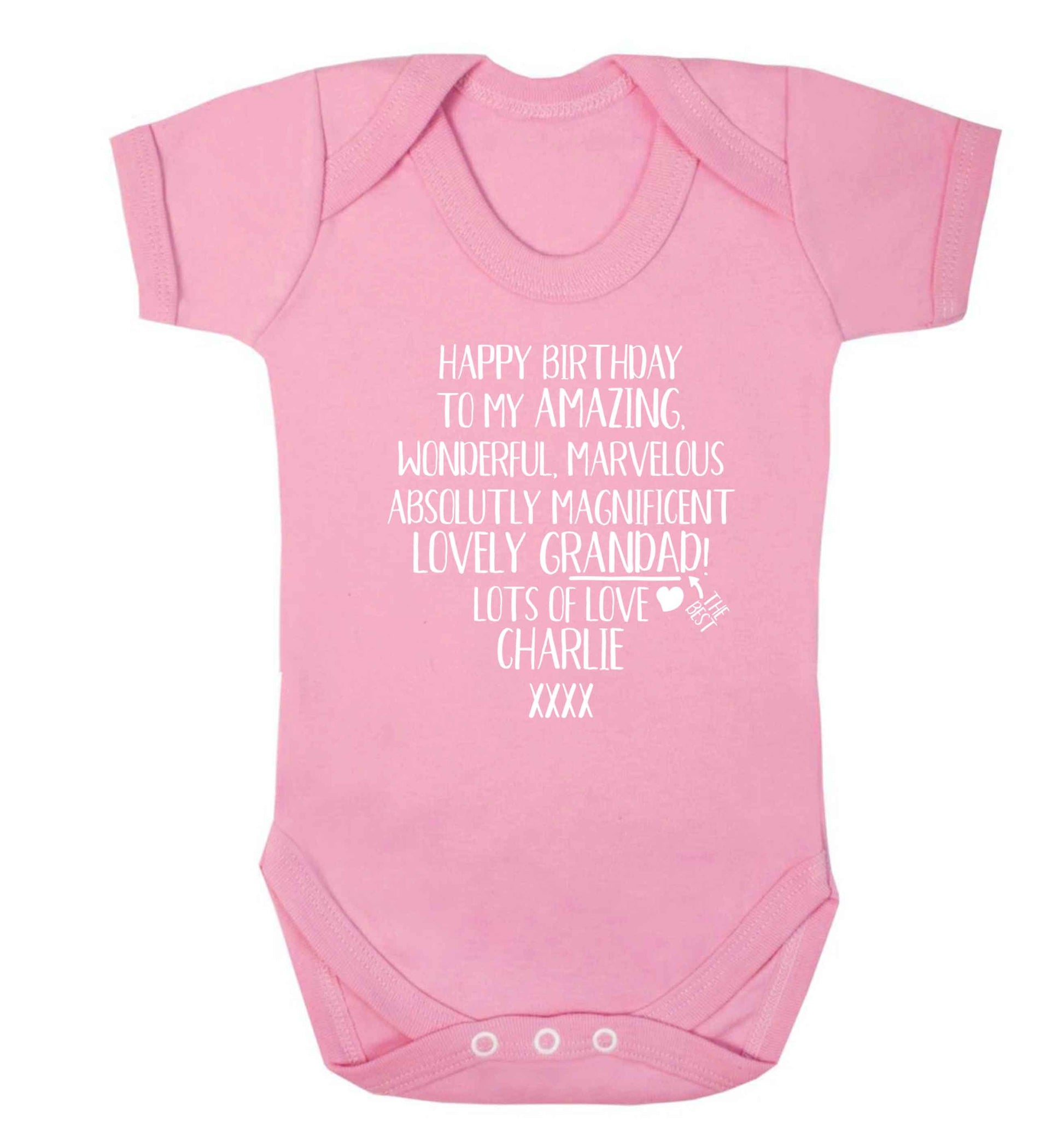 Personalised happy birthday to my amazing, wonderful, lovely grandad Baby Vest pale pink 18-24 months