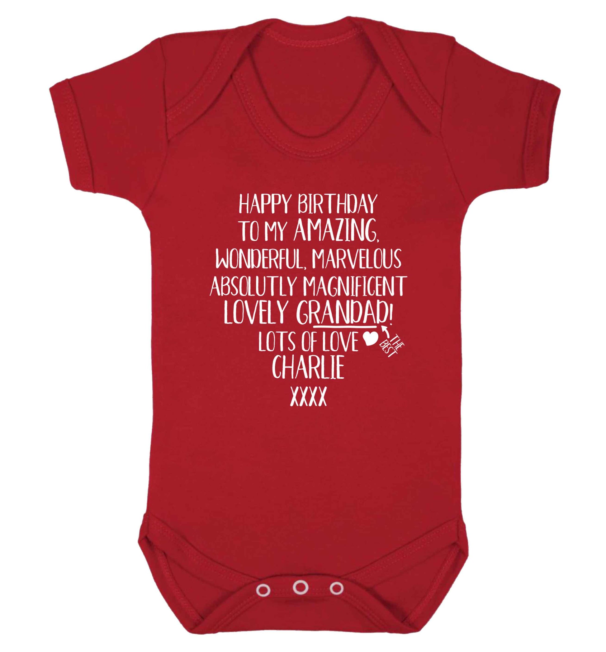 Personalised happy birthday to my amazing, wonderful, lovely grandad Baby Vest red 18-24 months