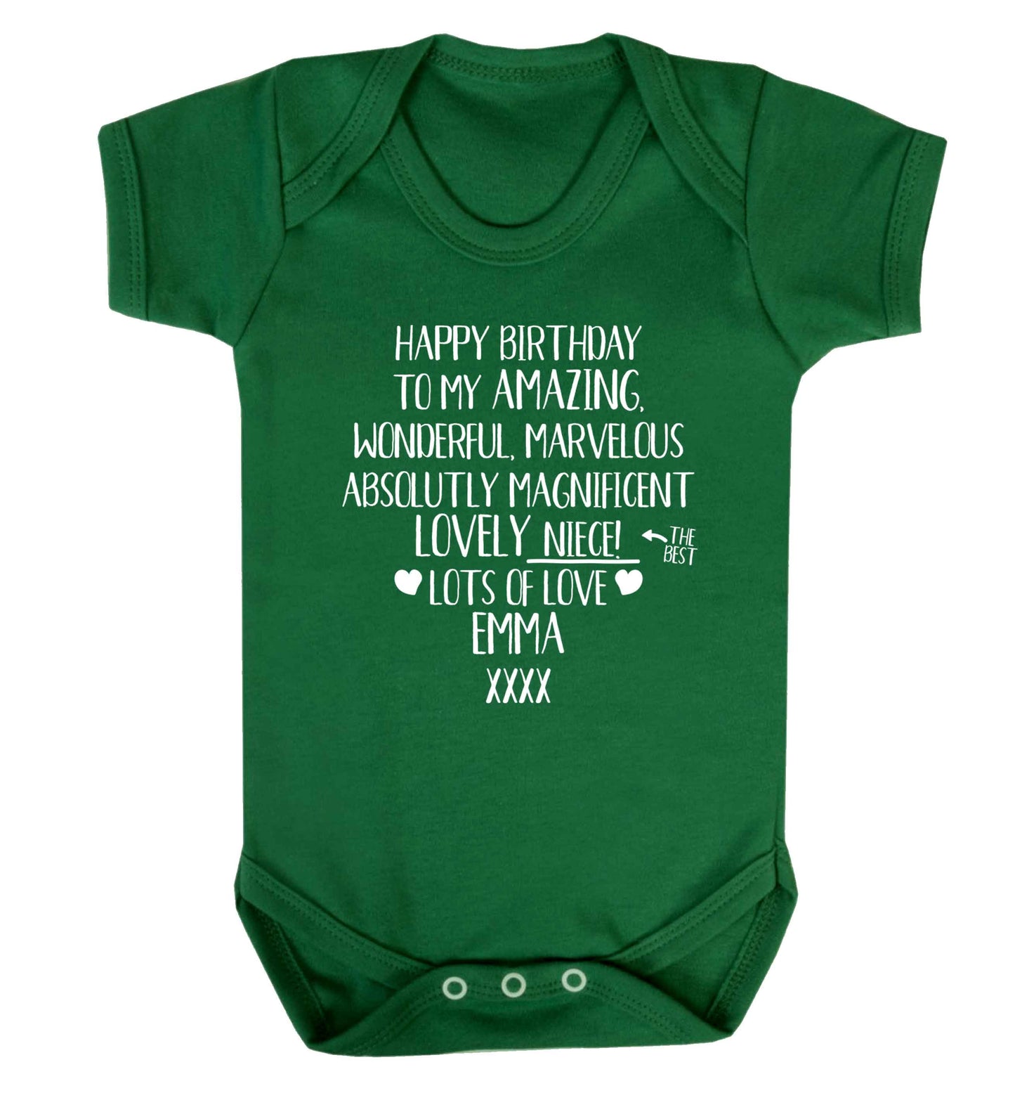 Personalised happy birthday to my amazing, wonderful, lovely niece Baby Vest green 18-24 months