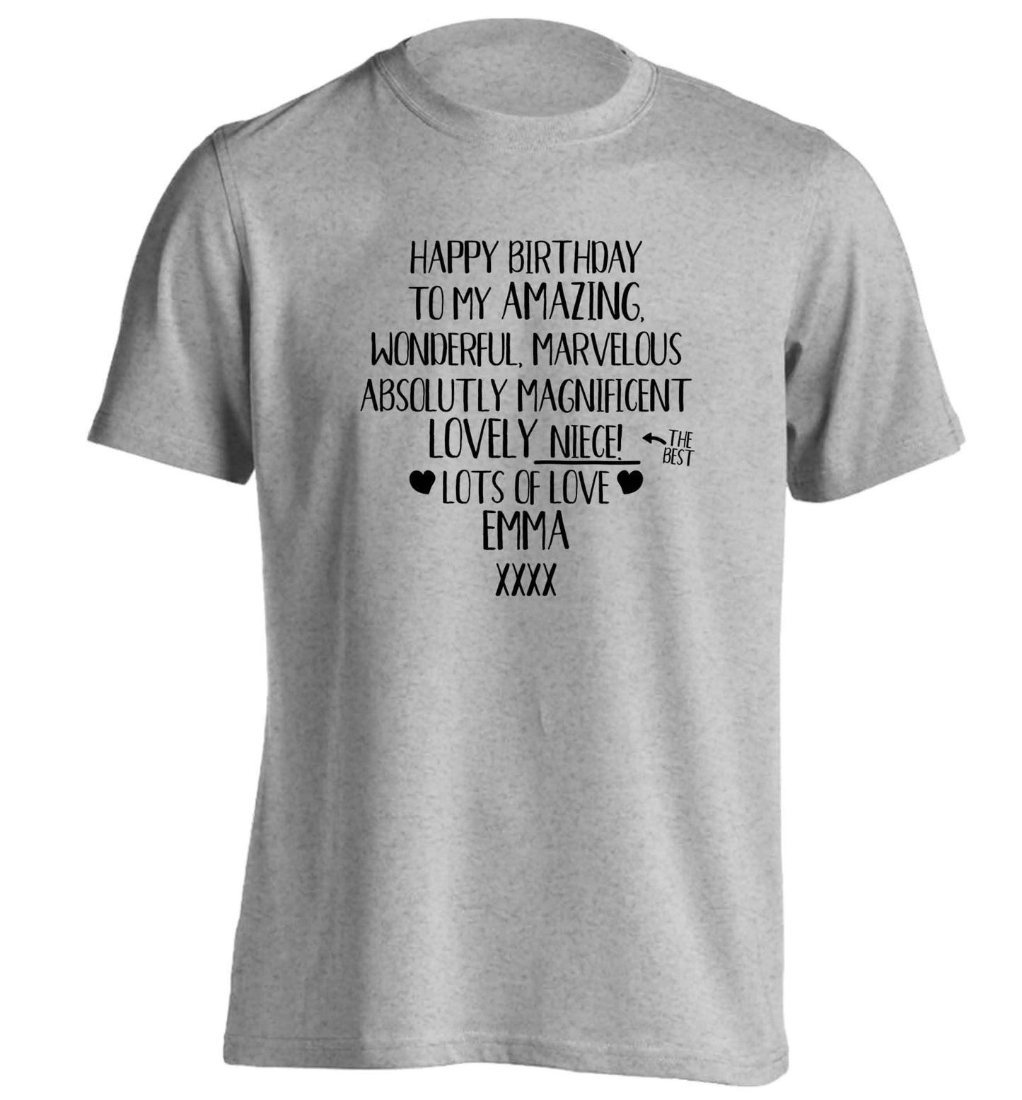 Personalised happy birthday to my amazing, wonderful, lovely niece adults unisex grey Tshirt 2XL