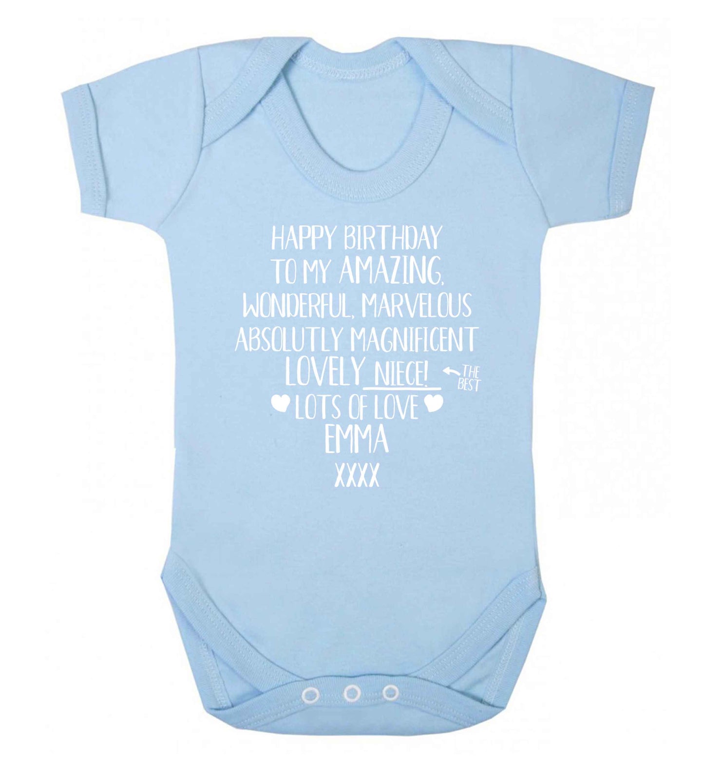 Personalised happy birthday to my amazing, wonderful, lovely niece Baby Vest pale blue 18-24 months