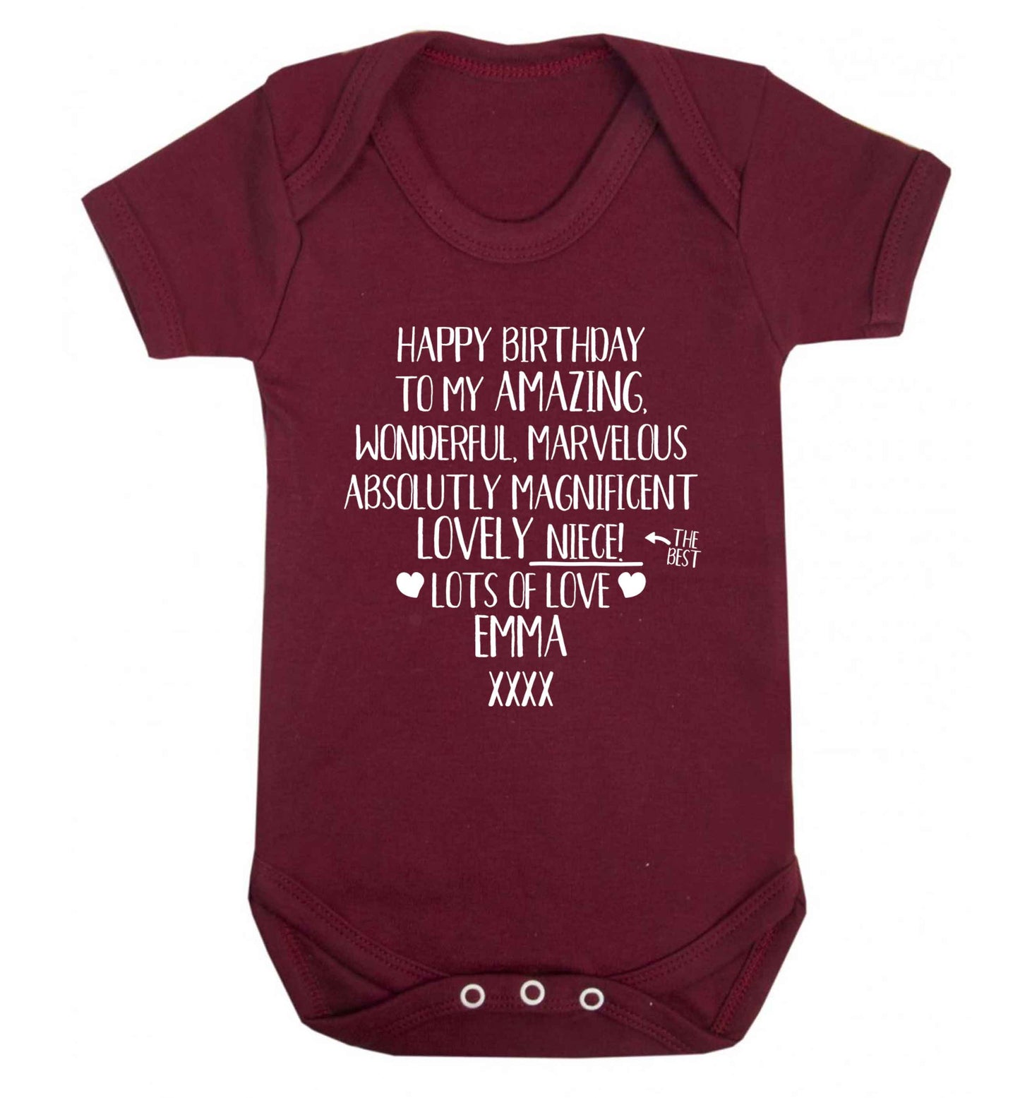 Personalised happy birthday to my amazing, wonderful, lovely niece Baby Vest maroon 18-24 months