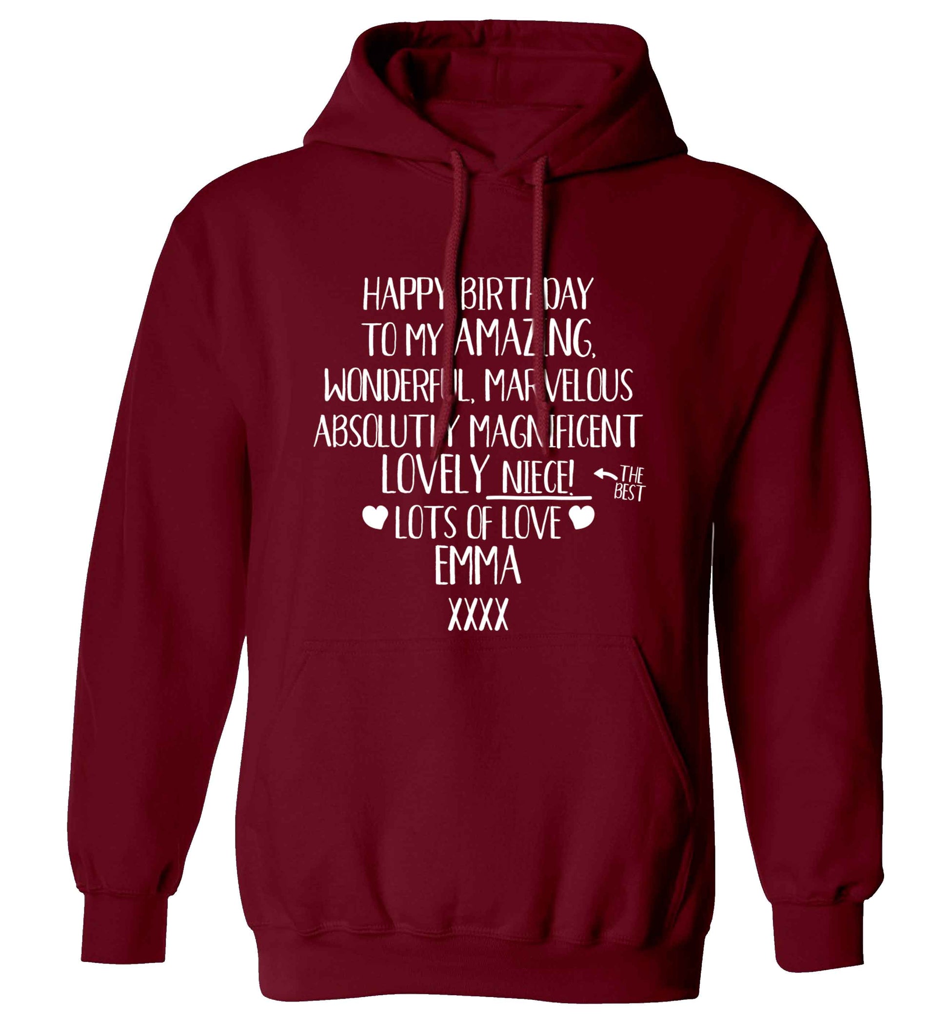 Personalised happy birthday to my amazing, wonderful, lovely niece adults unisex maroon hoodie 2XL