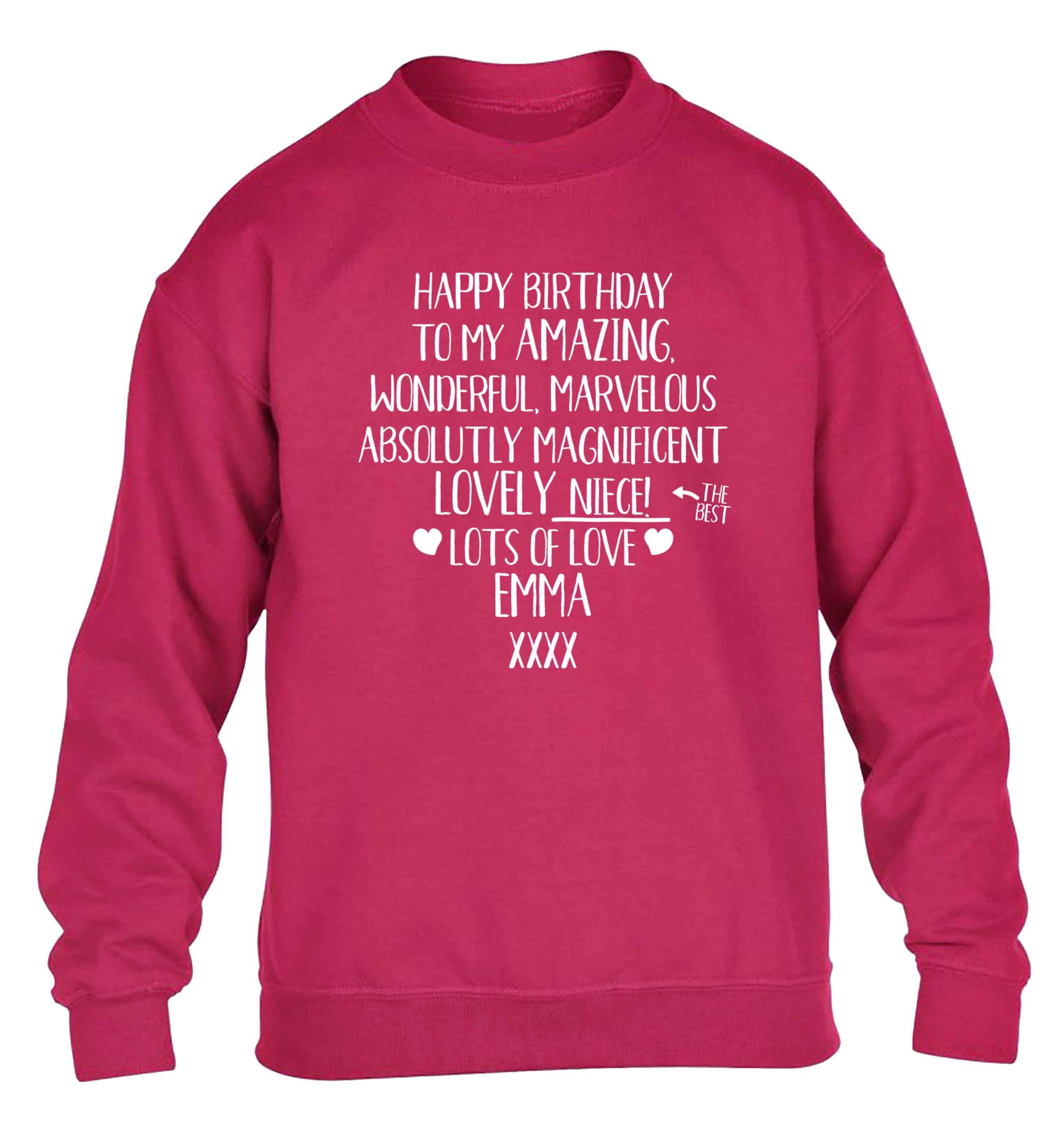 Personalised happy birthday to my amazing, wonderful, lovely niece children's pink sweater 12-13 Years