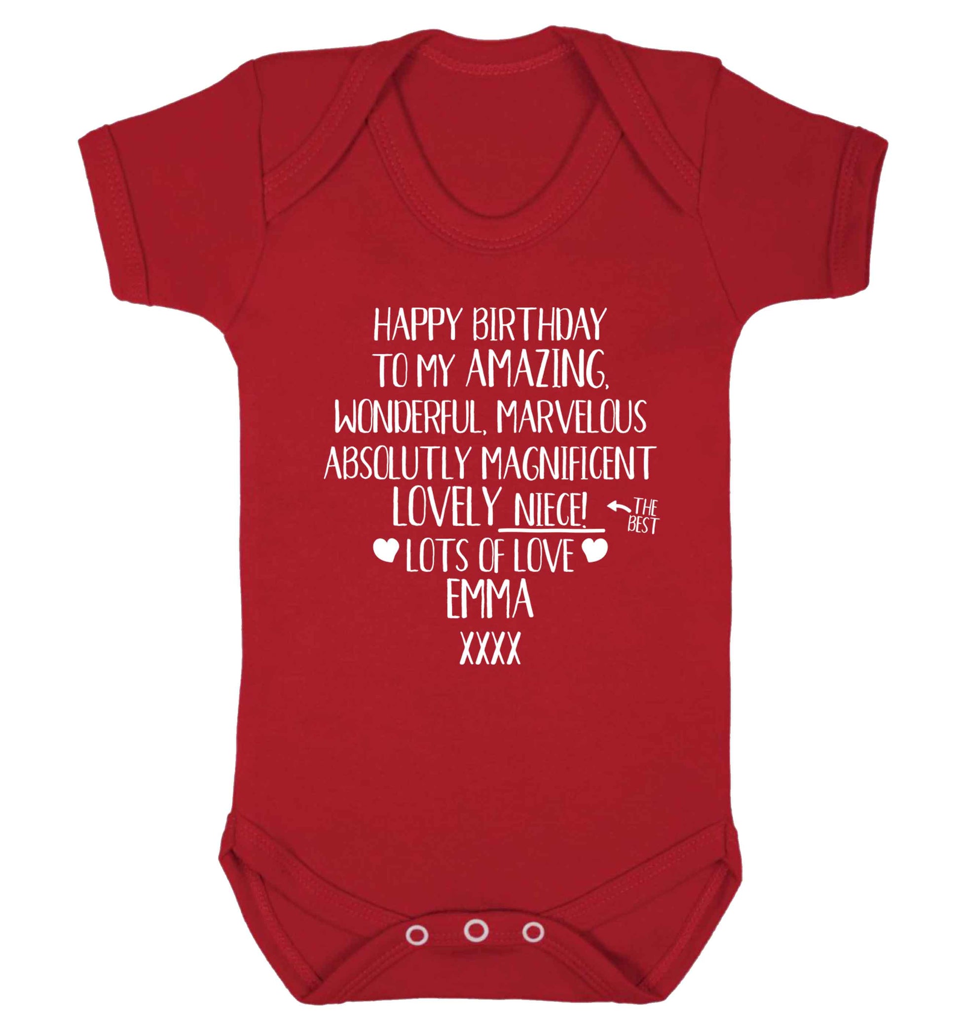 Personalised happy birthday to my amazing, wonderful, lovely niece Baby Vest red 18-24 months