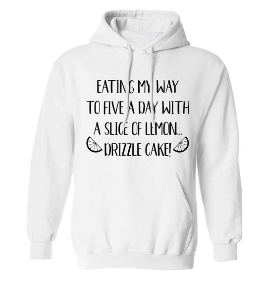 Eating my way to five a day with a slice of lemon drizzle cake day adults unisex white hoodie 2XL