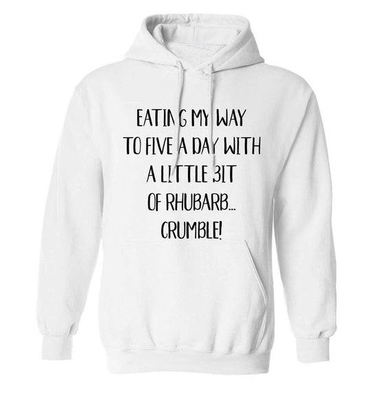 Eating my way to five a day with a little bit of rhubarb crumble adults unisex white hoodie 2XL