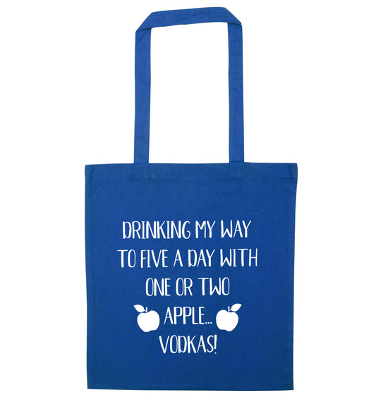 Drinking my way to five a day with one or two apple vodkas blue tote bag