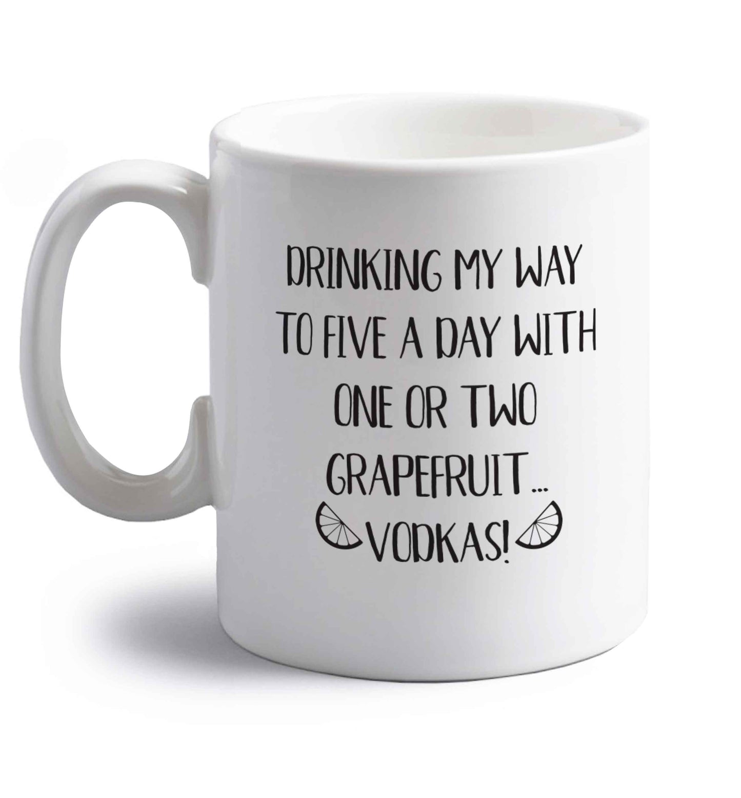 Drinking my way to five a day with one or two grapefruit vodkas right handed white ceramic mug 
