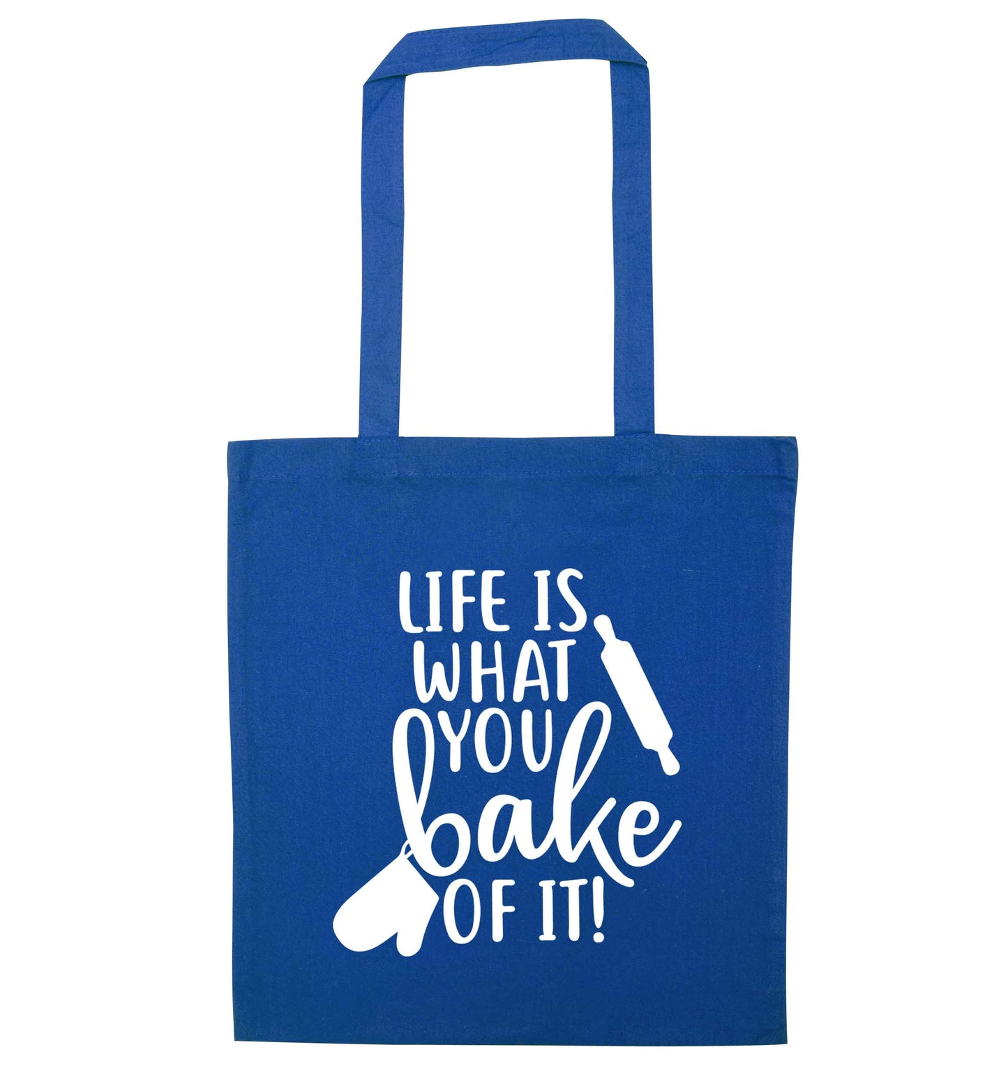 Life is what you bake of it blue tote bag