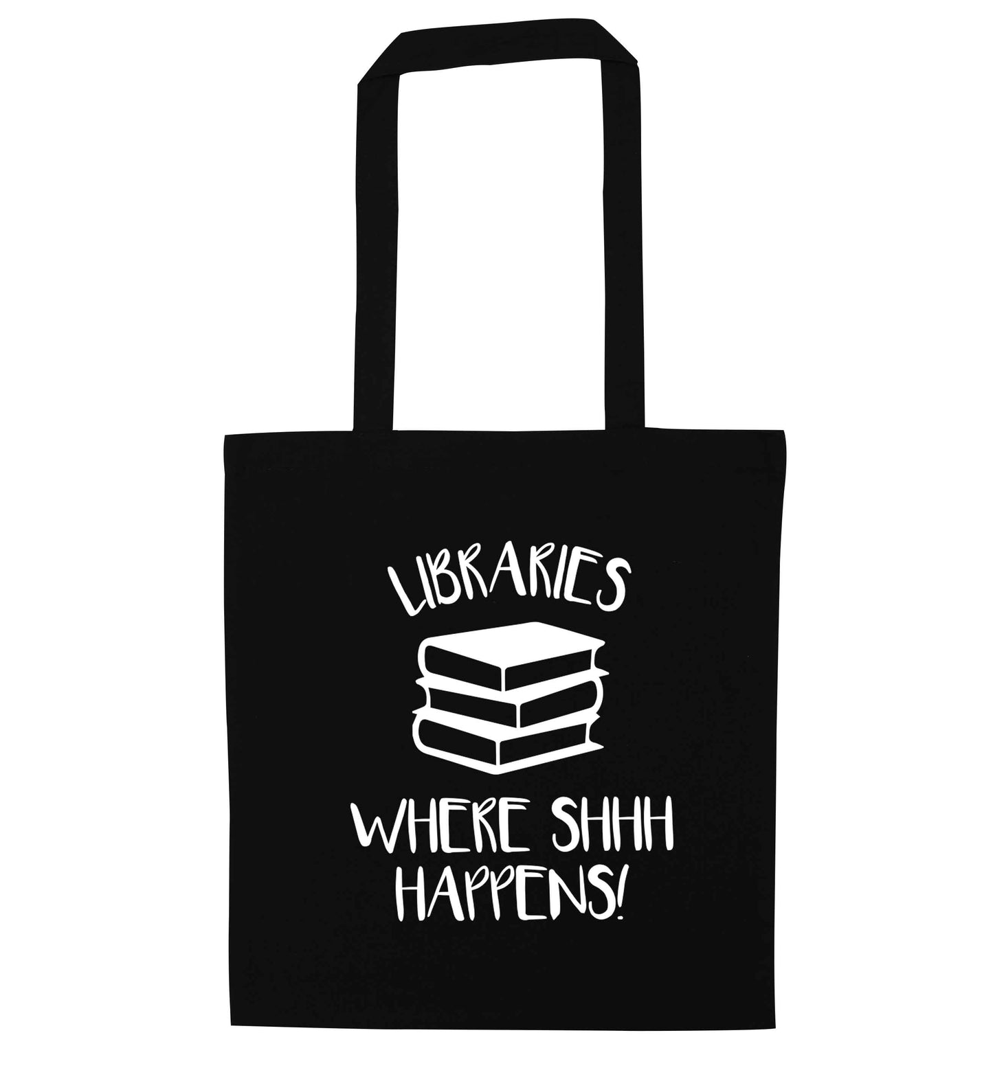 Libraries where shh happens! black tote bag
