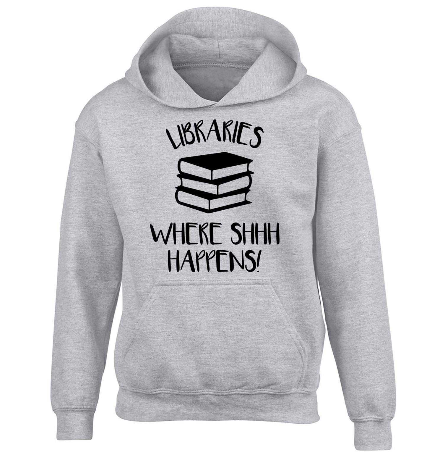 Libraries where shh happens! children's grey hoodie 12-13 Years