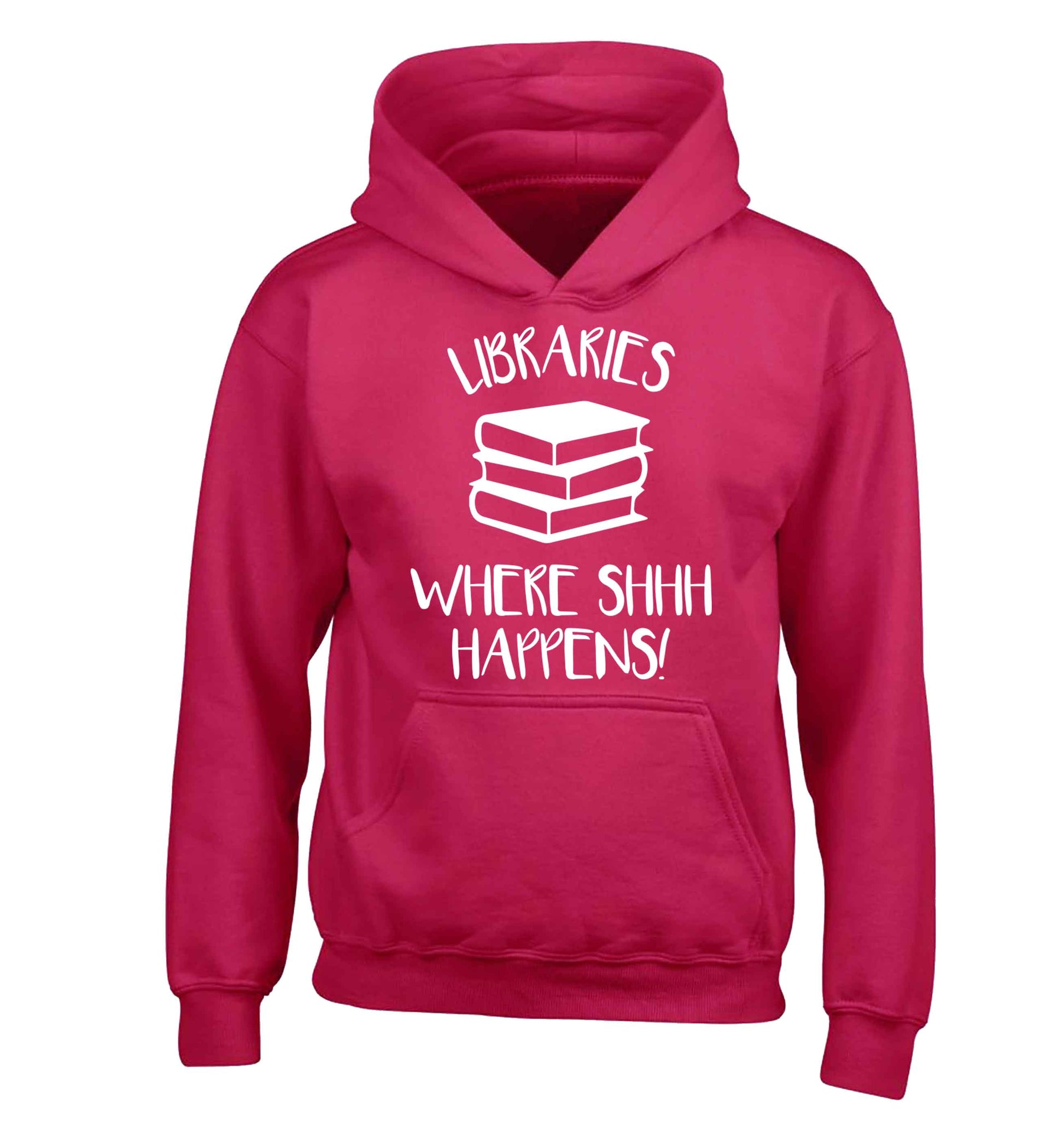 Libraries where shh happens! children's pink hoodie 12-13 Years