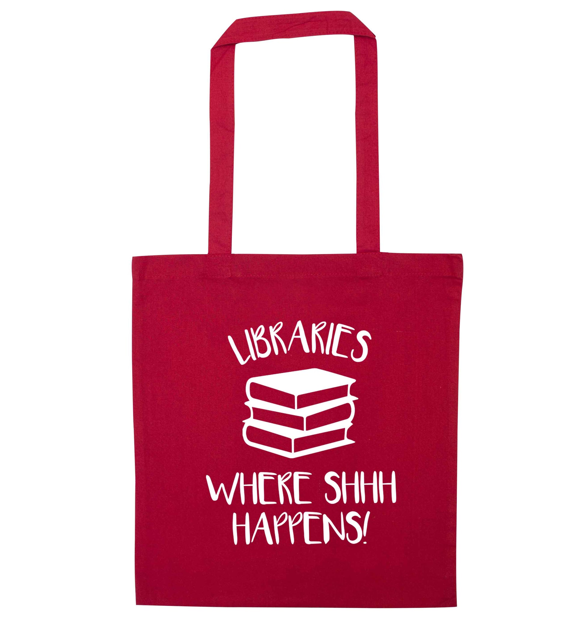 Libraries where shh happens! red tote bag