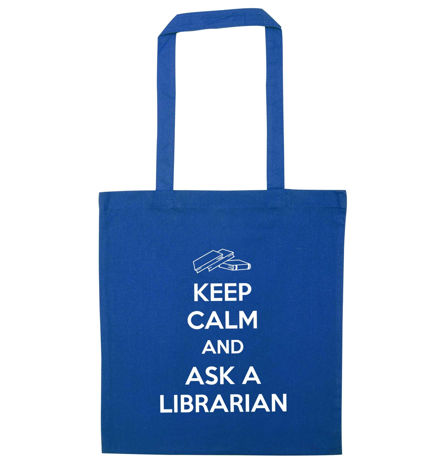 Keep calm and ask a librarian blue tote bag