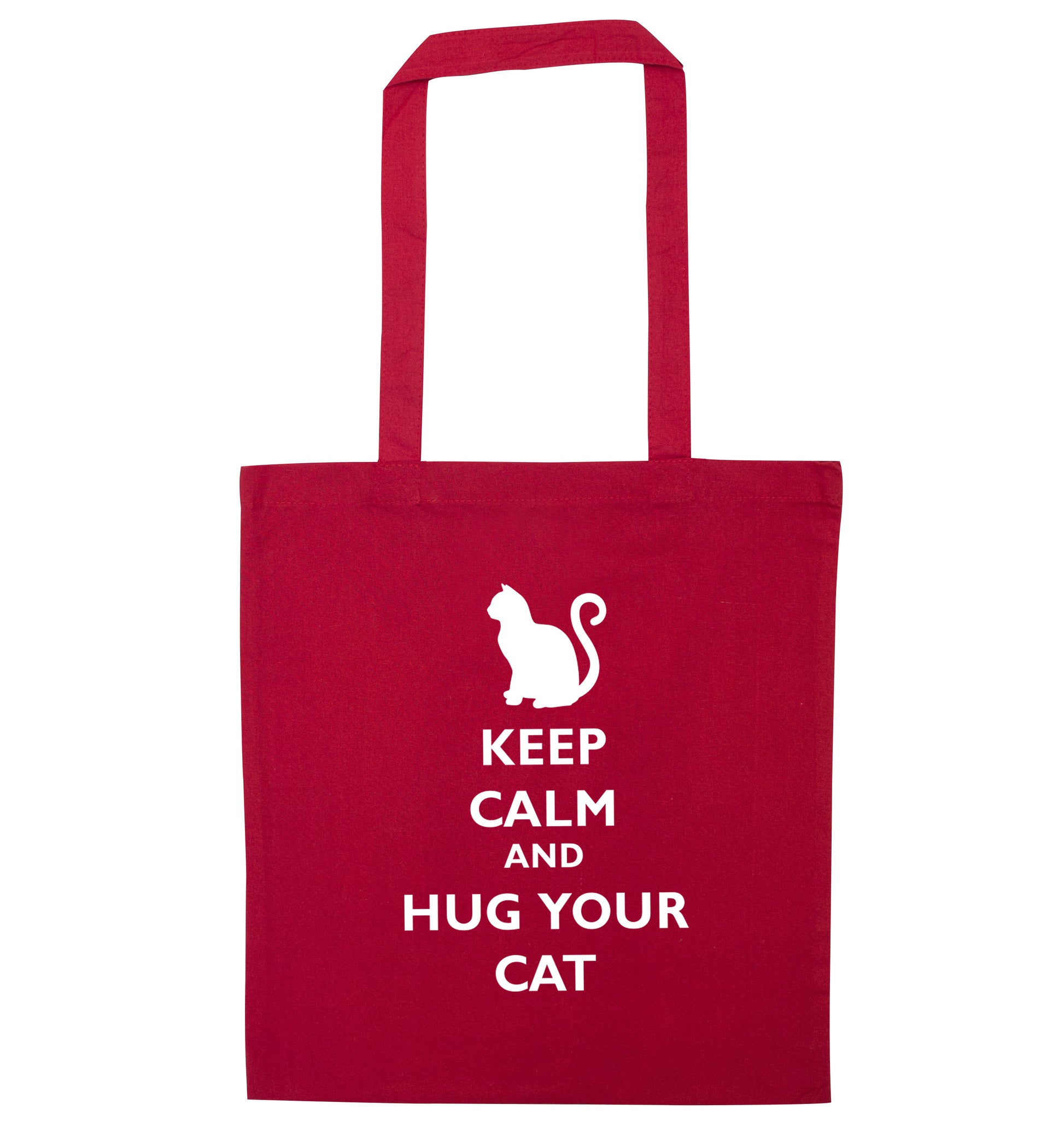 Keep calm and hug your cat red tote bag