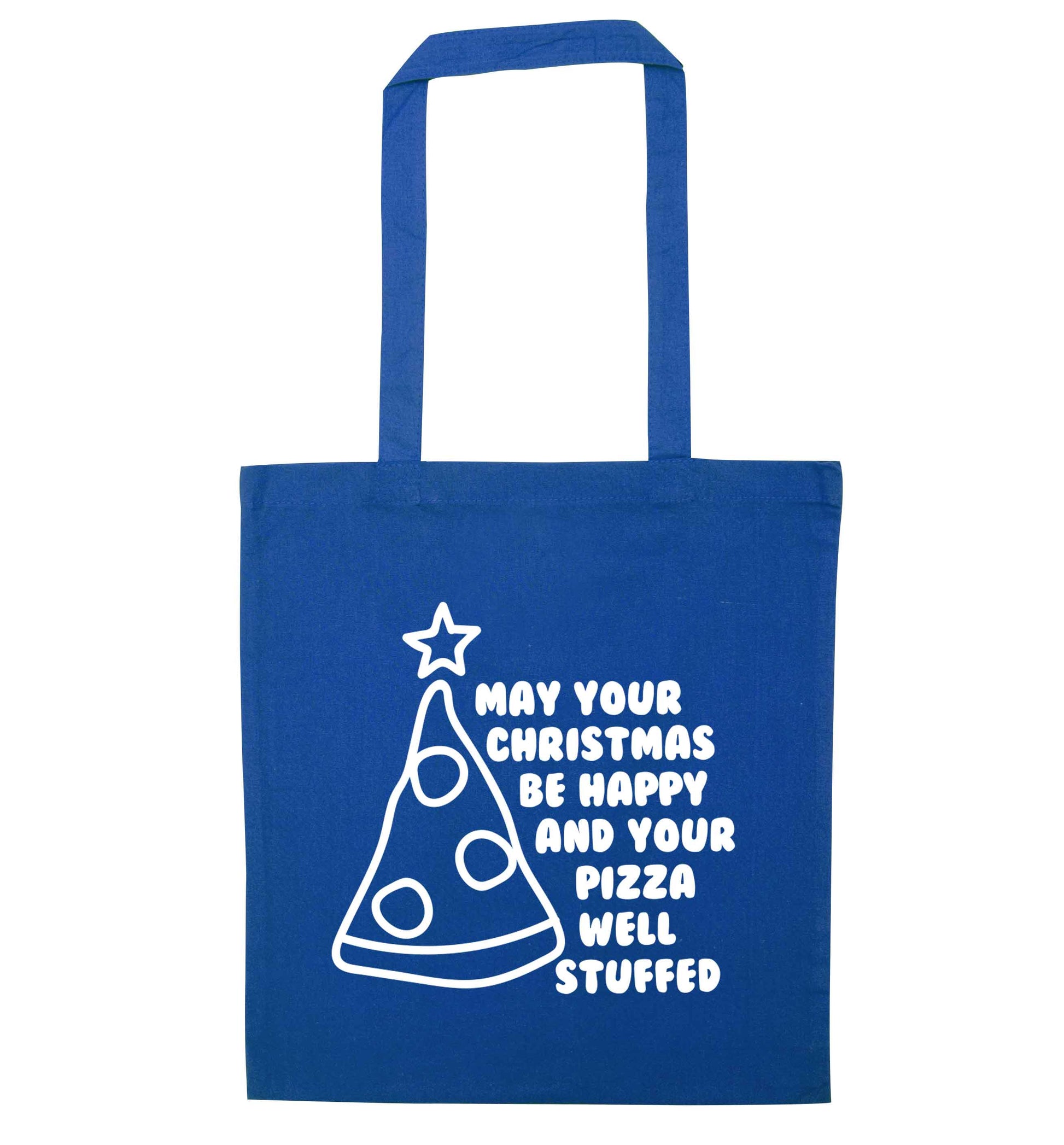 May your Christmas be happy and your pizza well stuffed blue tote bag