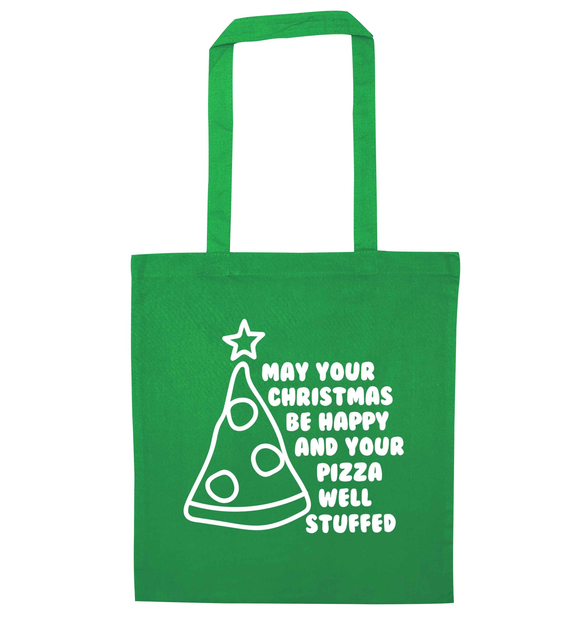 May your Christmas be happy and your pizza well stuffed green tote bag