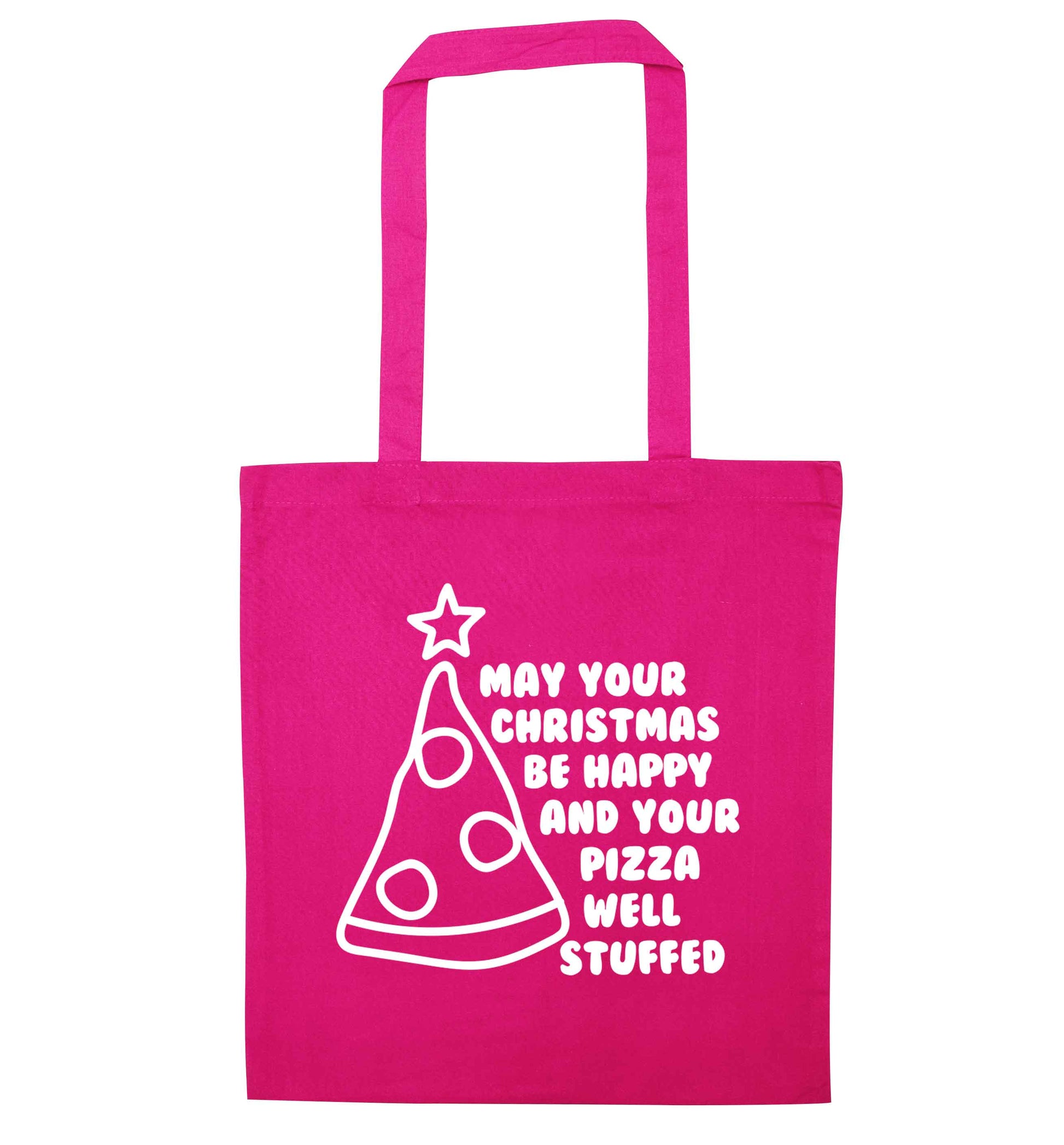 May your Christmas be happy and your pizza well stuffed pink tote bag