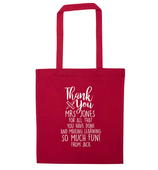 Personalised thank you Mrs for all that you've done and making learning so much fun! red tote bag