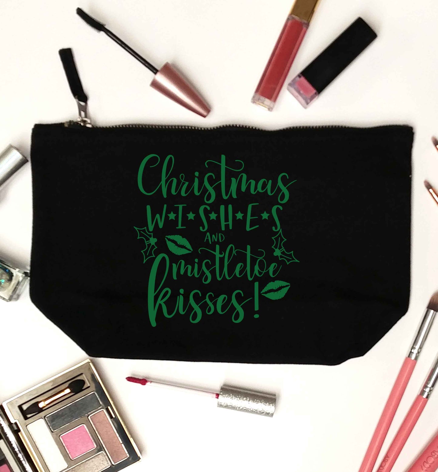 Christmas wishes and mistletoe kisses black makeup bag