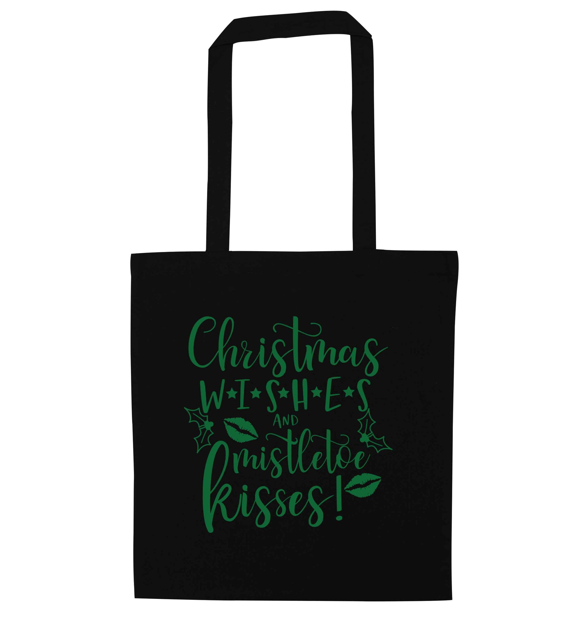 Christmas wishes and mistletoe kisses black tote bag