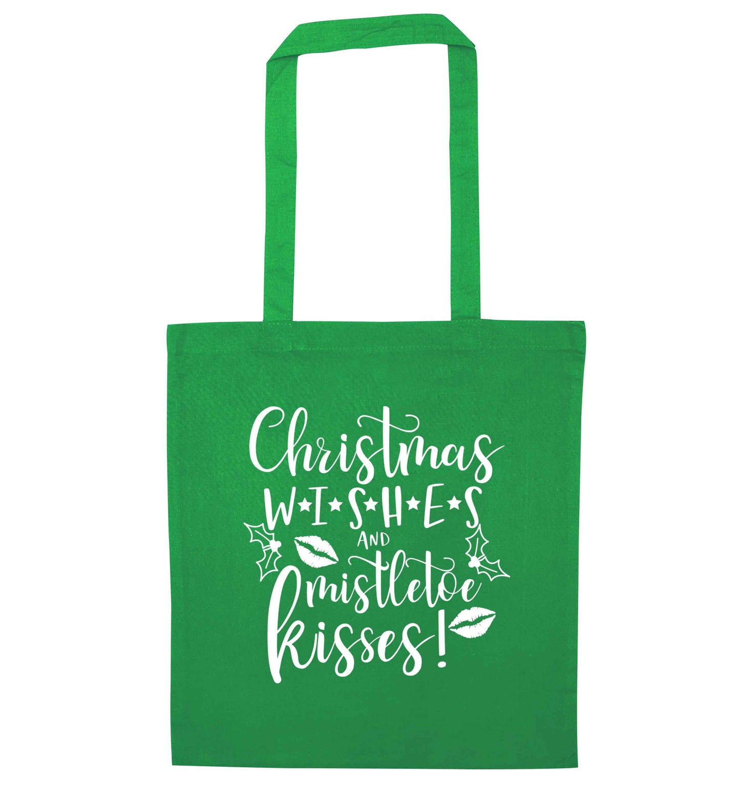 Christmas wishes and mistletoe kisses green tote bag