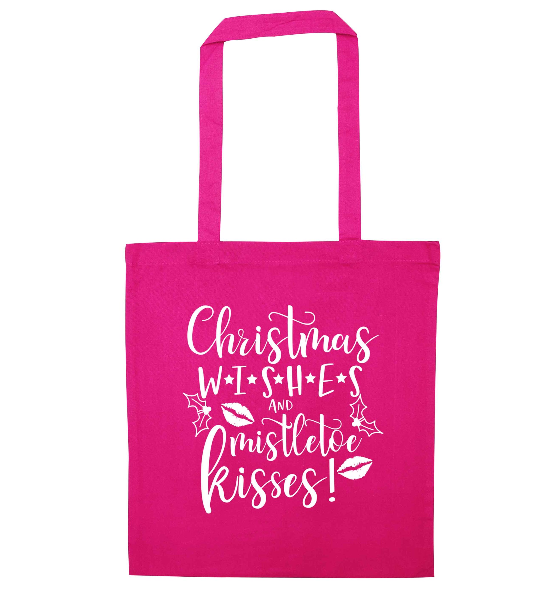 Christmas wishes and mistletoe kisses pink tote bag