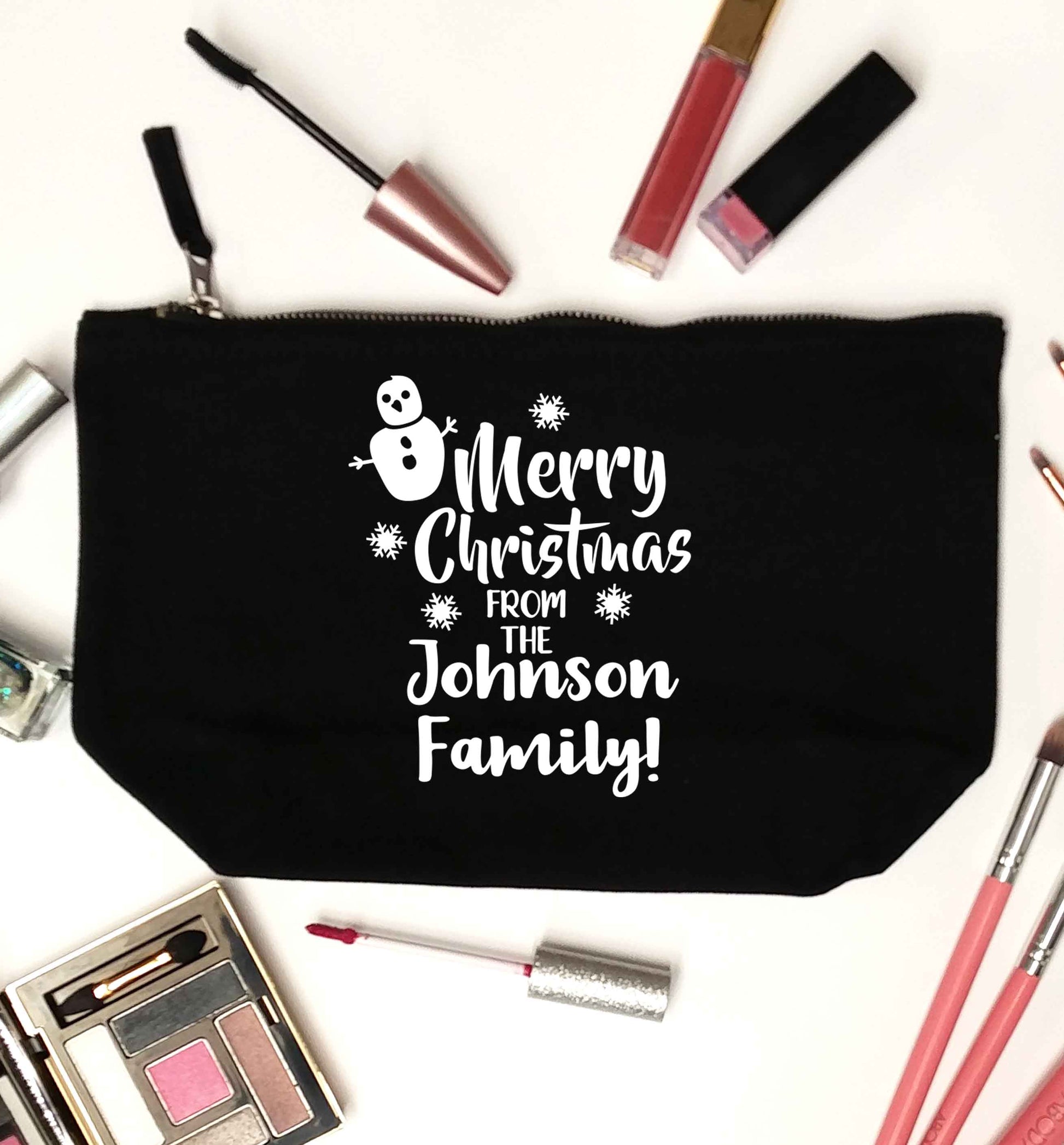 Personalised Merry Christmas from the family black makeup bag