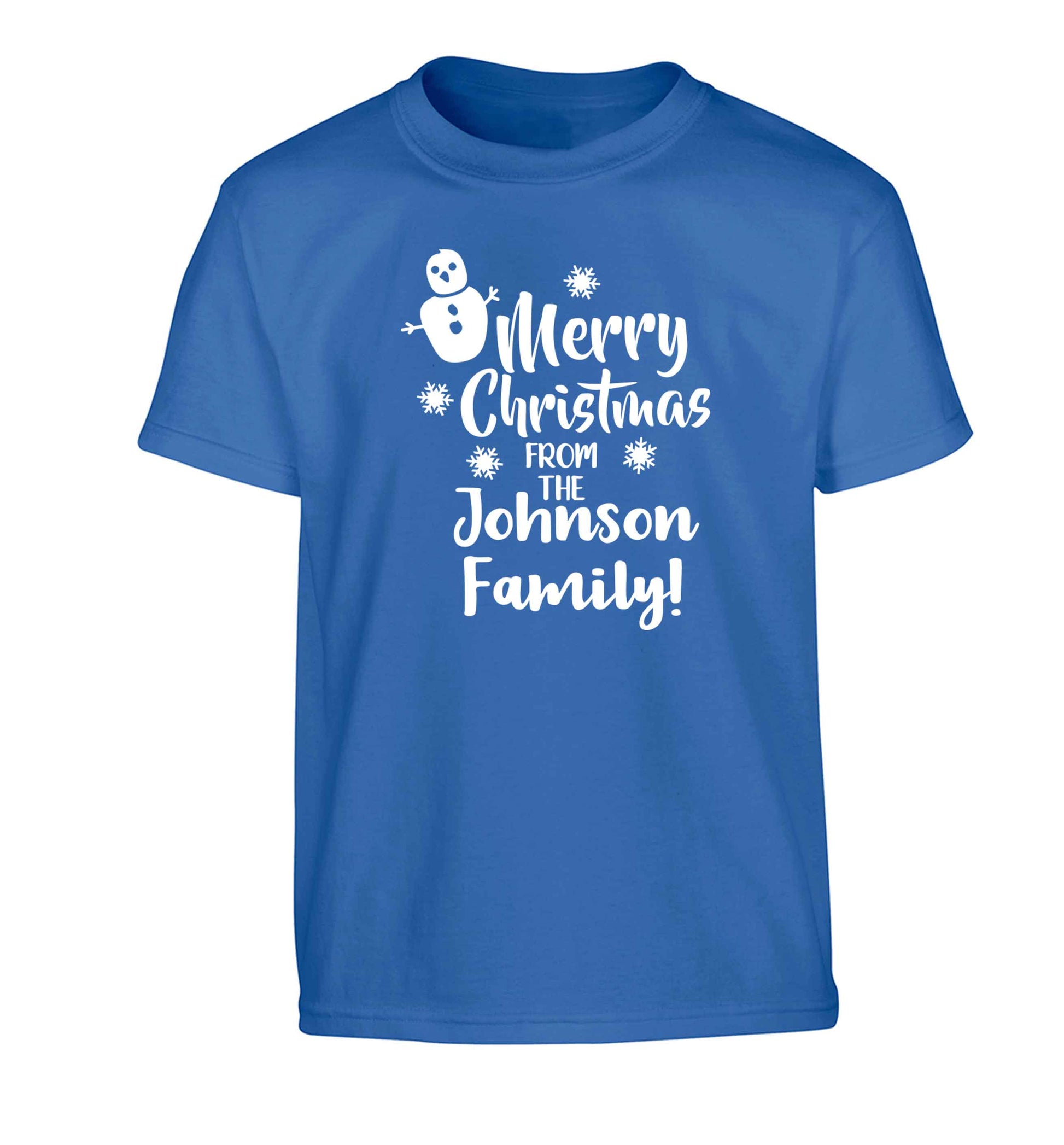 Personalised Merry Christmas from the family Children's blue Tshirt 12-13 Years