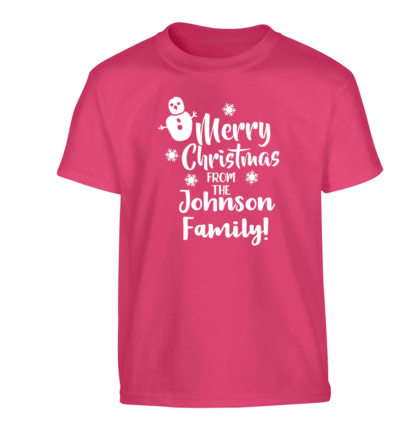Personalised Merry Christmas from the family Children's pink Tshirt 12-13 Years