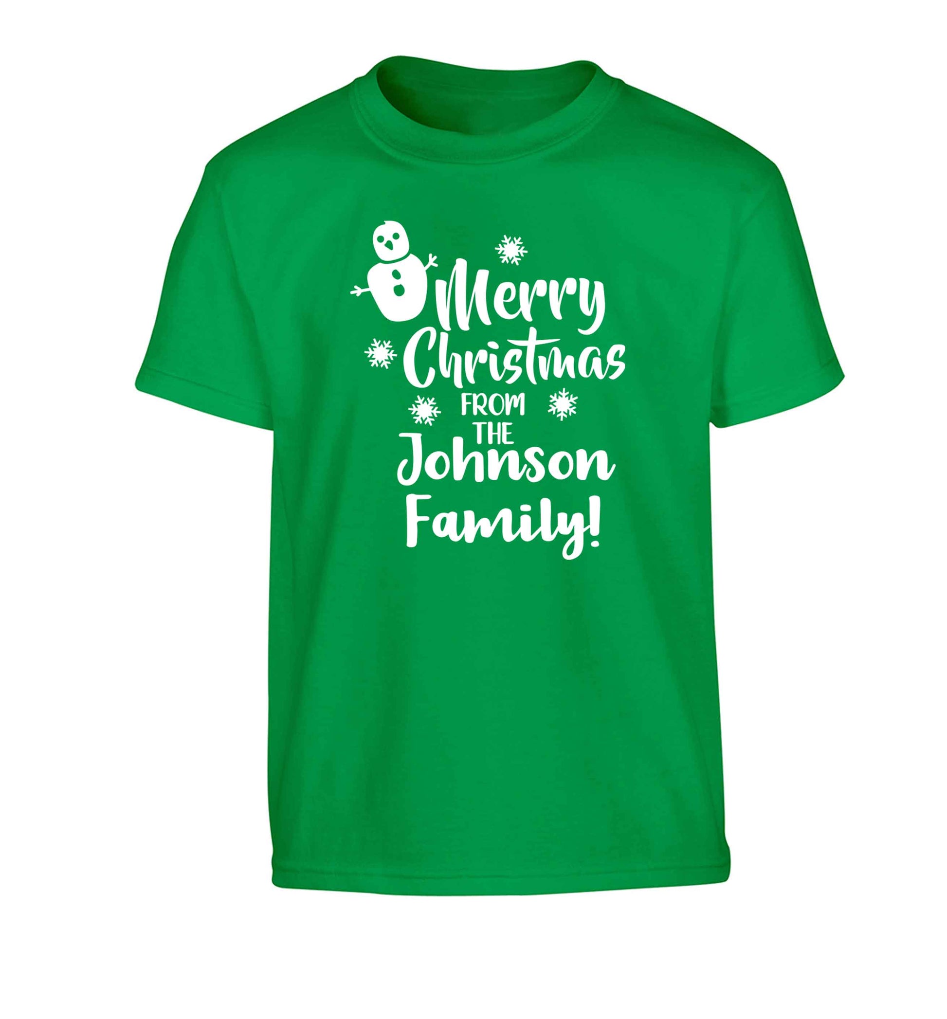 Personalised Merry Christmas from the family Children's green Tshirt 12-13 Years