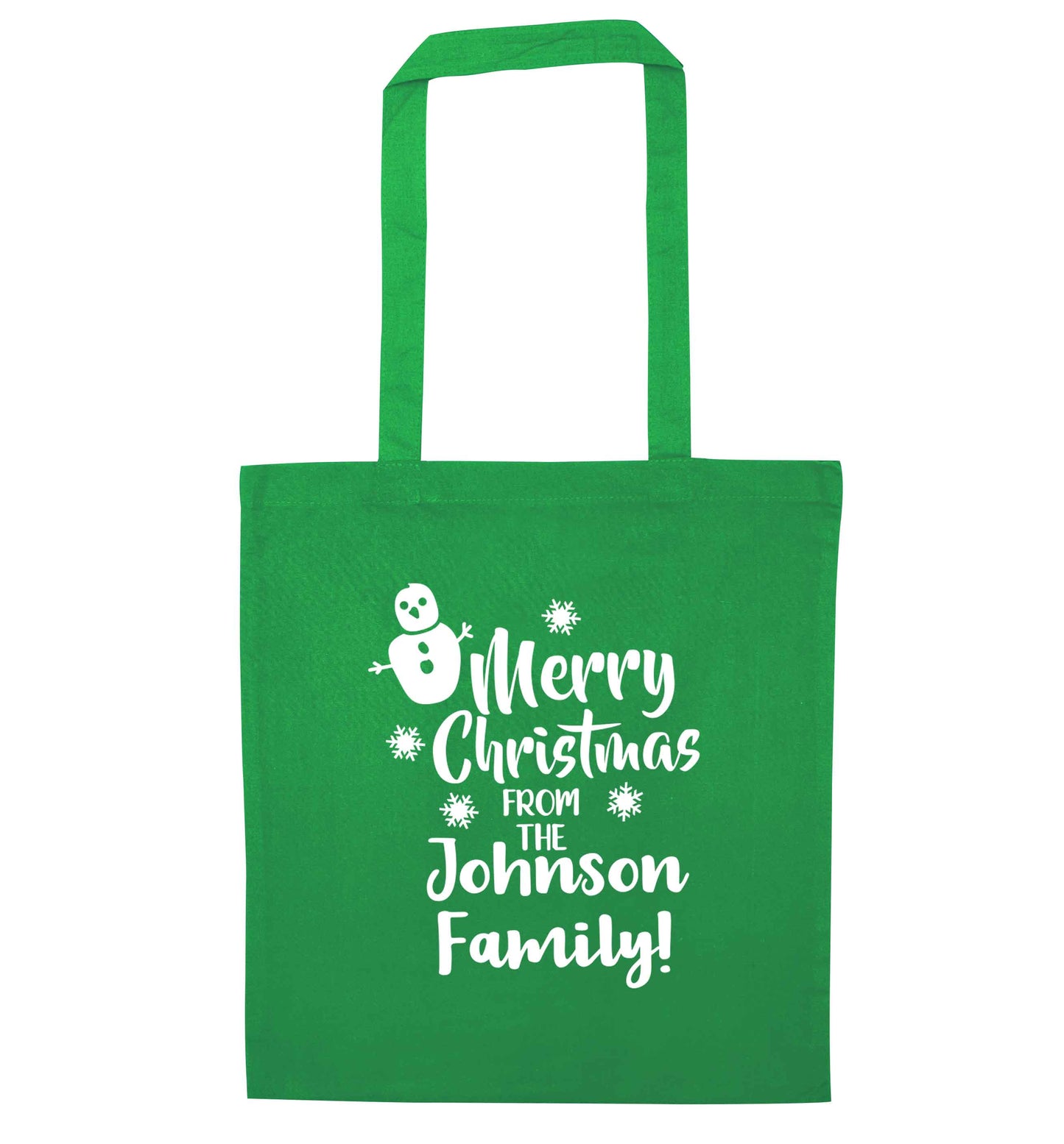 Personalised Merry Christmas from the family green tote bag