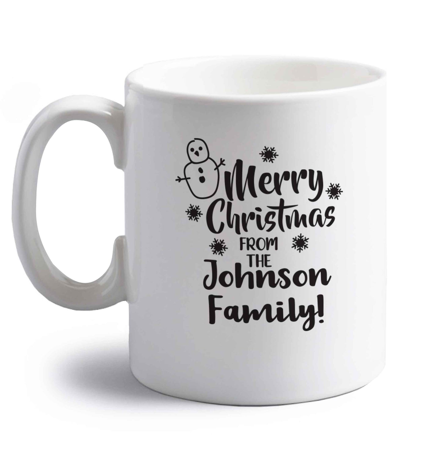 Personalised Merry Christmas from the family right handed white ceramic mug 