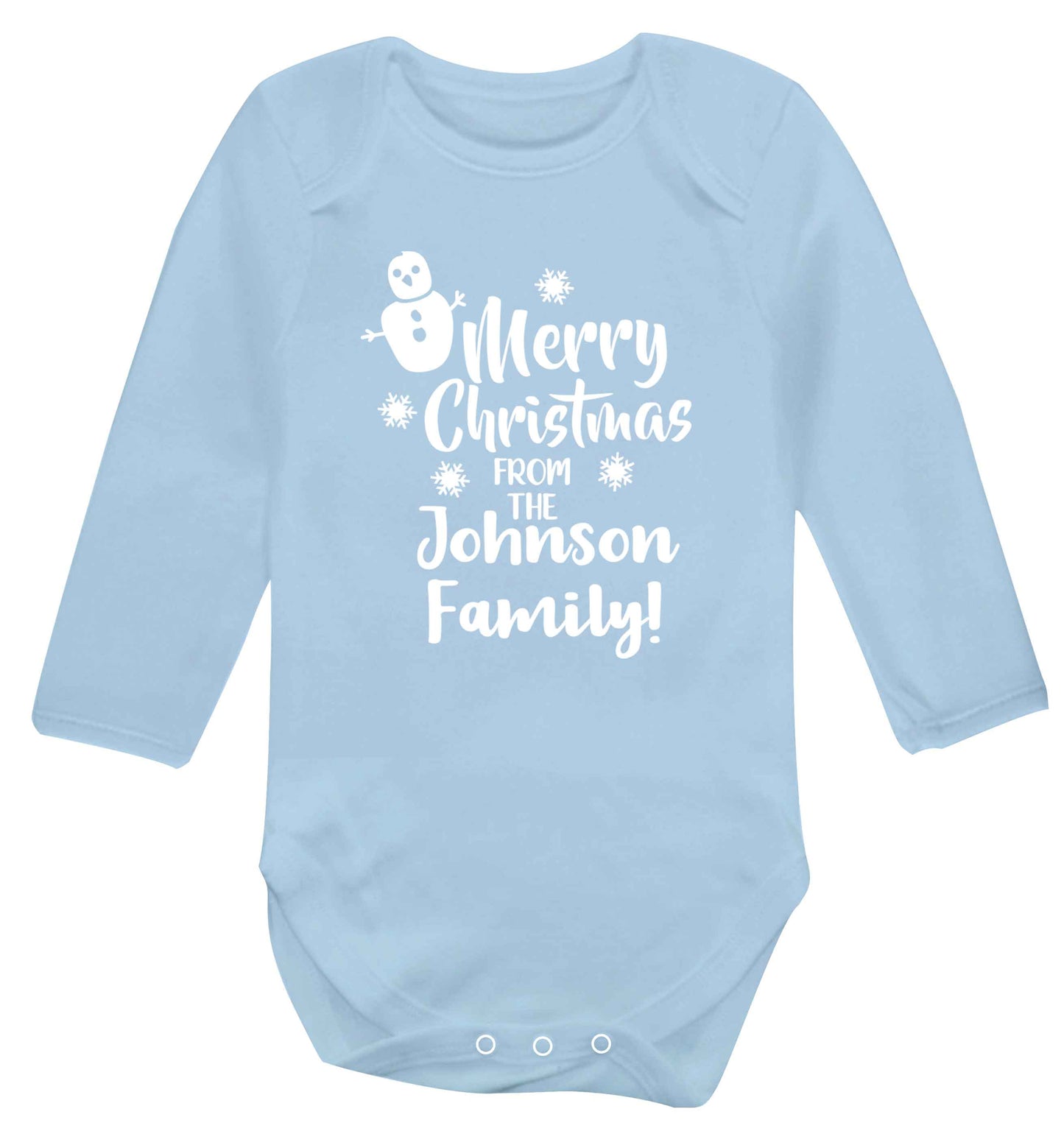 Personalised Merry Christmas from the family Baby Vest long sleeved pale blue 6-12 months