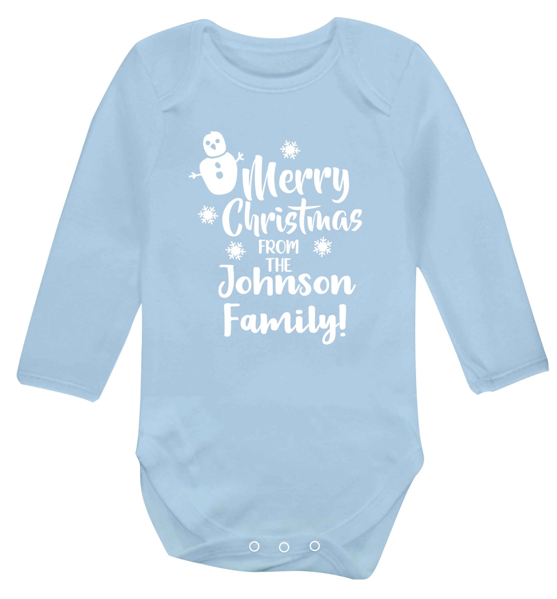 Personalised Merry Christmas from the family Baby Vest long sleeved pale blue 6-12 months