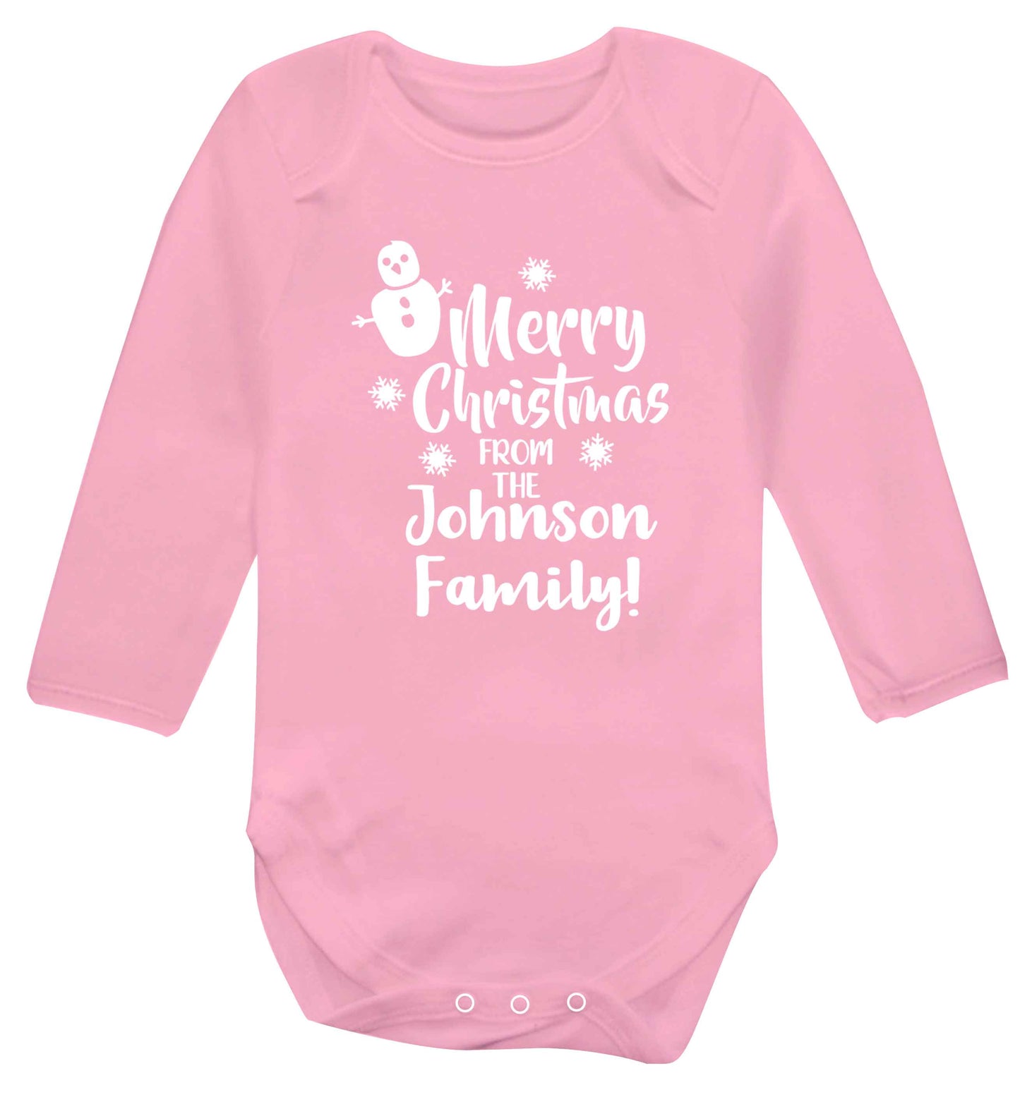 Personalised Merry Christmas from the family Baby Vest long sleeved pale pink 6-12 months