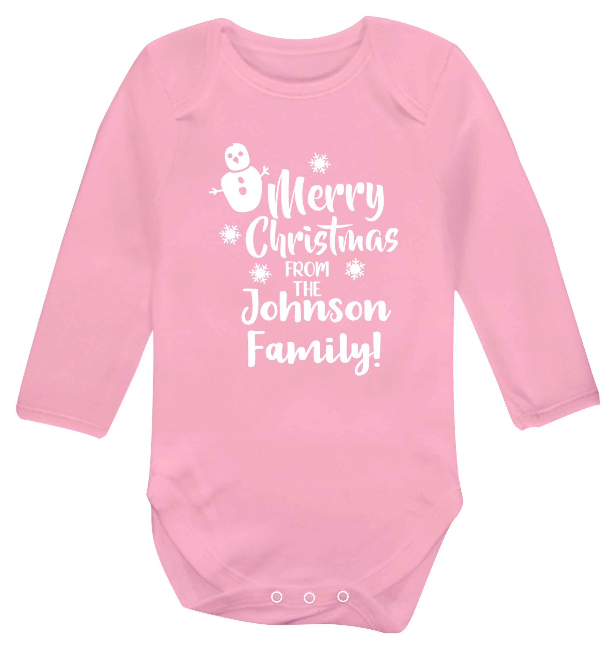 Personalised Merry Christmas from the family Baby Vest long sleeved pale pink 6-12 months